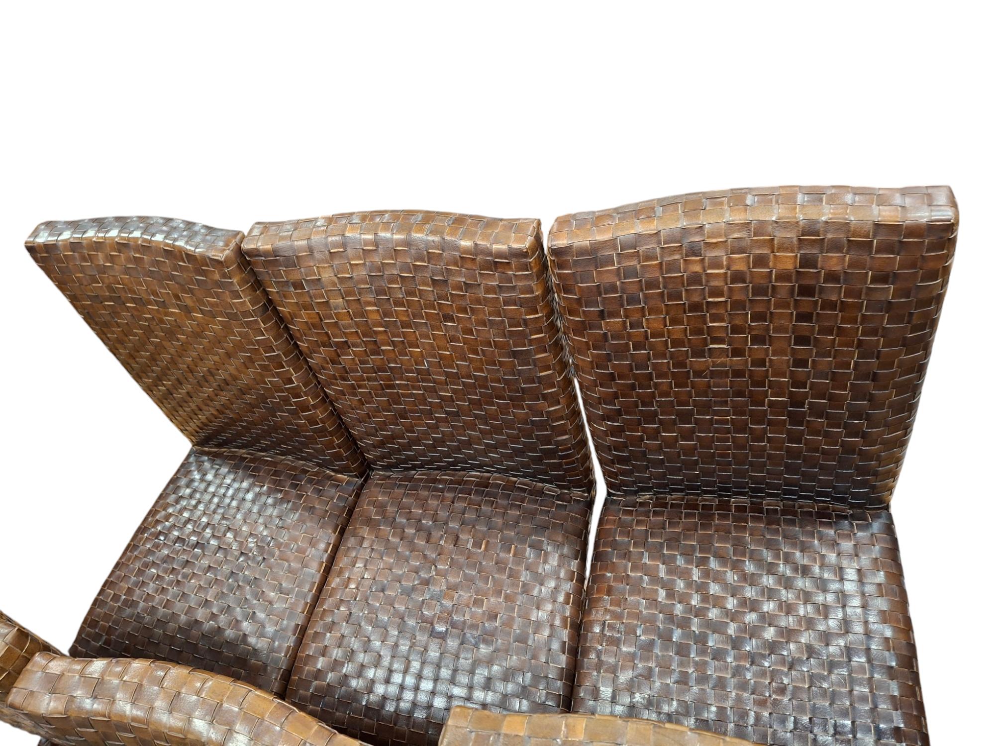 Modern Set of 8 Woven Leather Dining Chairs By Stone International For Sale