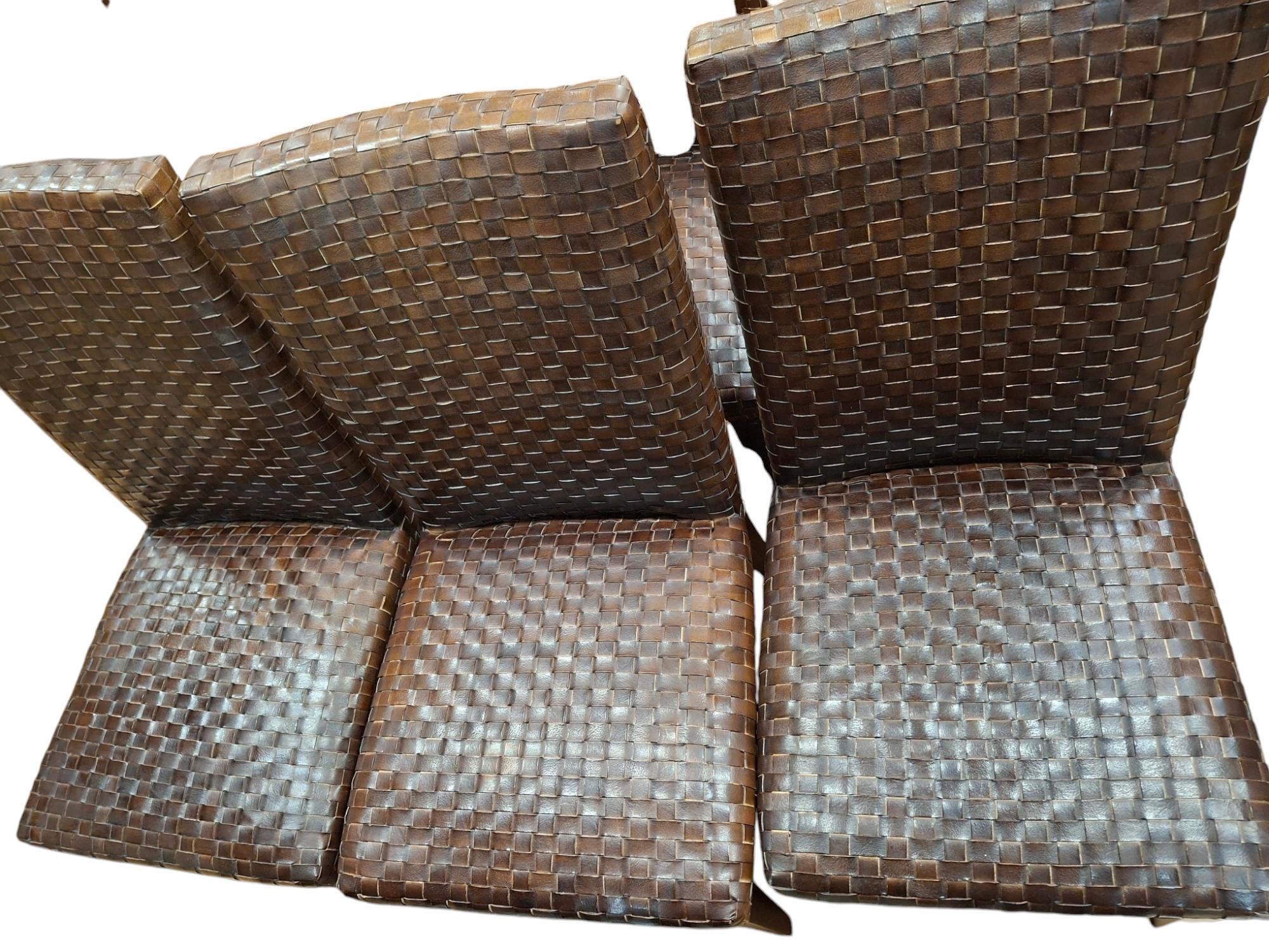 Italian Set of 8 Woven Leather Dining Chairs By Stone International For Sale