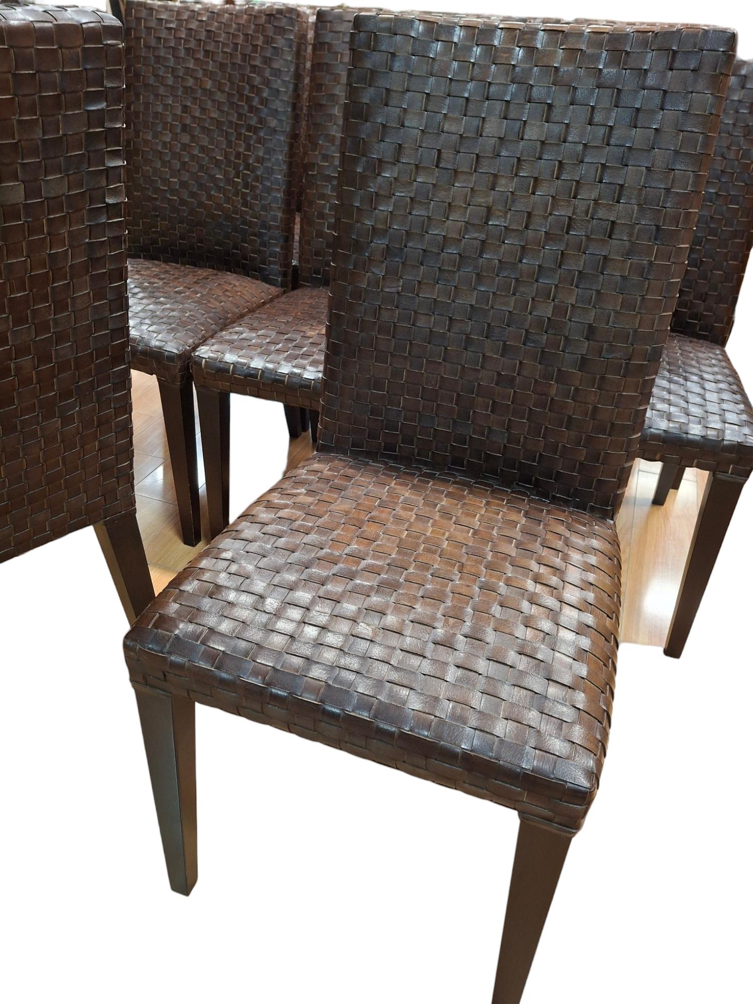Set of 8 Woven Leather Dining Chairs By Stone International For Sale 1