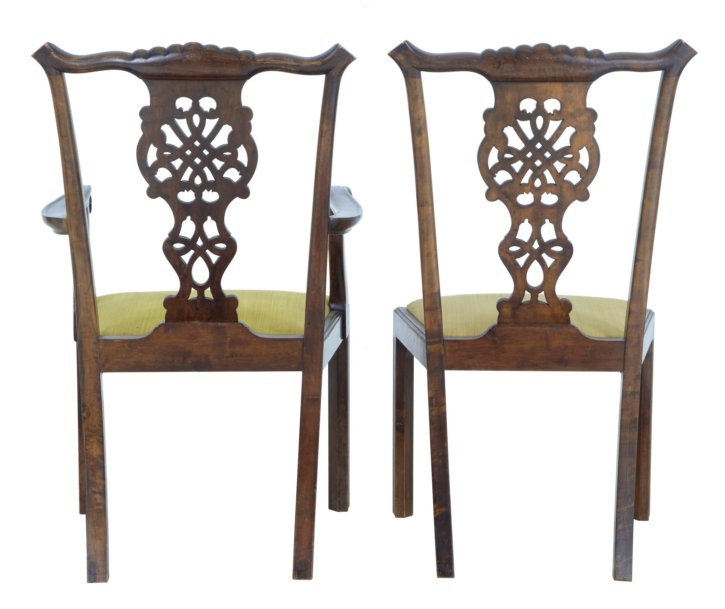 Swedish Set of 8+2 19th Century Carved Birch Chippendale Design Dining Chairs