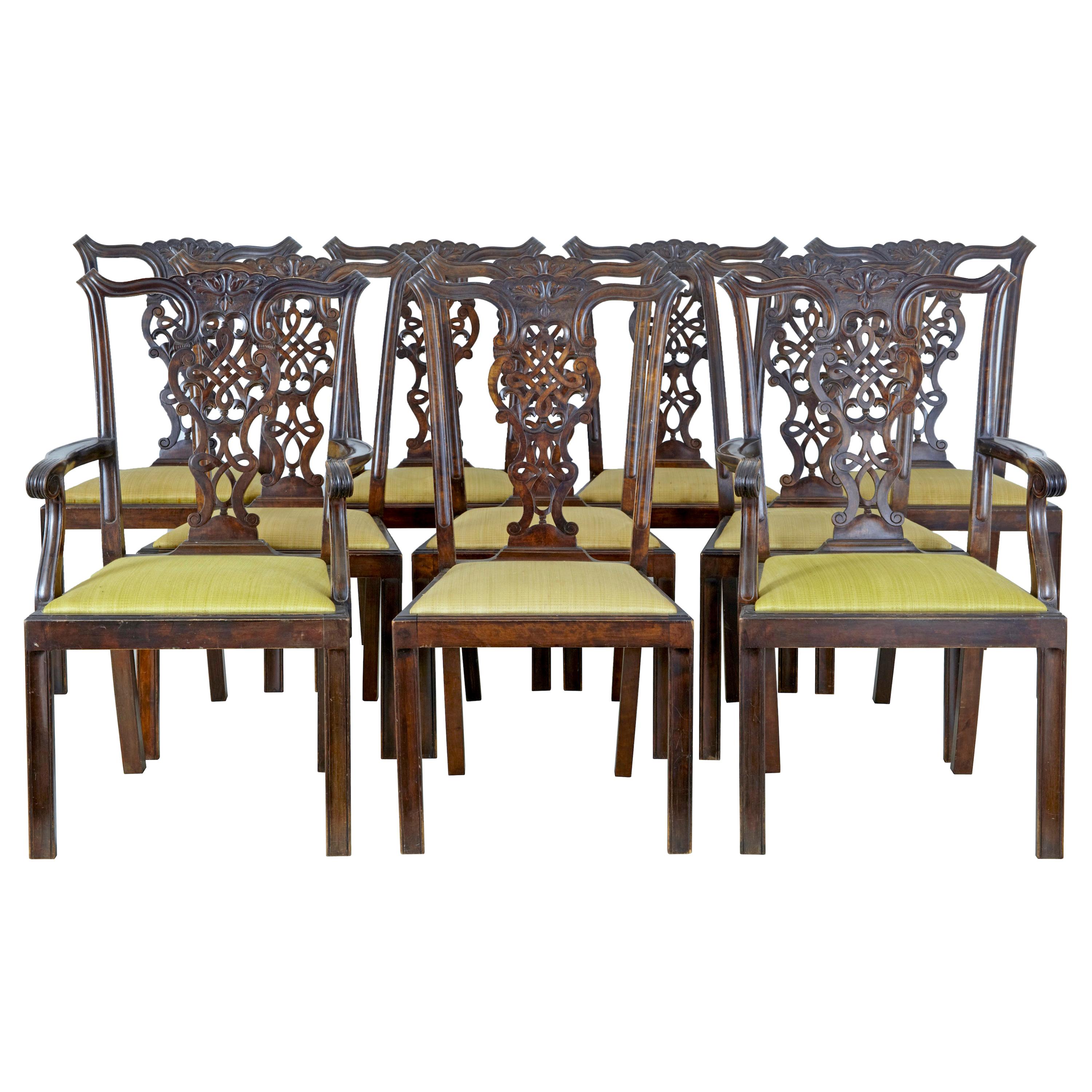 Set of 8+2 19th Century Carved Birch Chippendale Design Dining Chairs