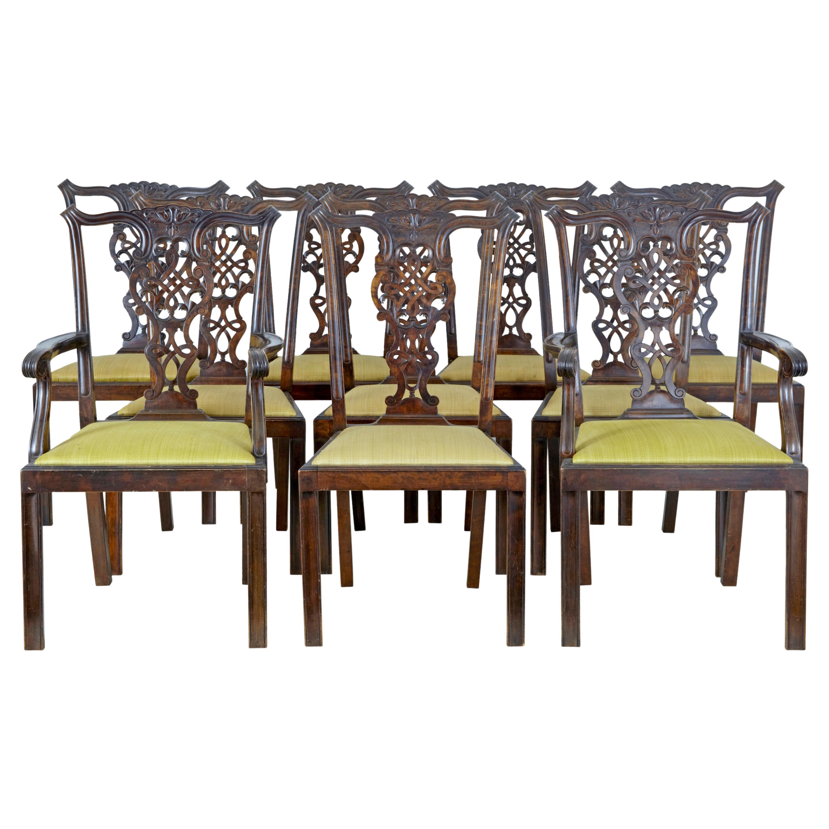 Set of 8+2 19th Century Carved Birch Chippendale Design Dining Chairs