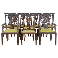 Antique Set of 8+2 19th Century Carved Birch Chippendale Design Dining Chairs