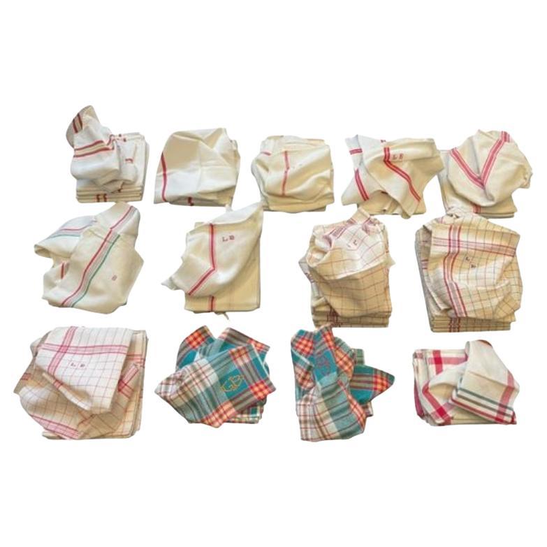 Set of 82 French Kitchen Table Towels in Linen Canvas with Embroidery, 1920s For Sale