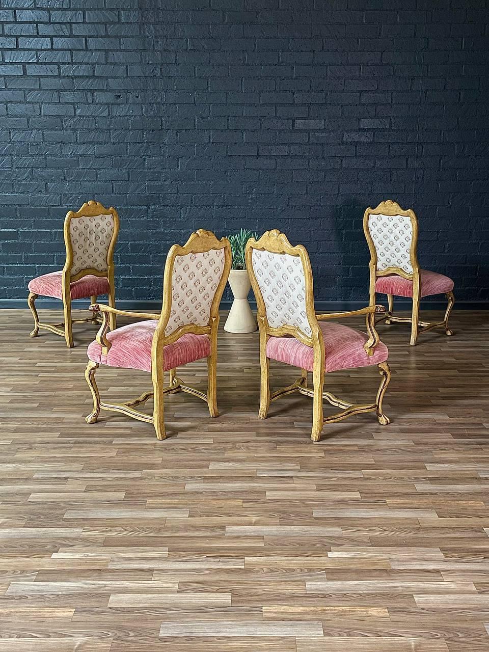 Fabric Set of 8x French Style Painted & Carved Wood Dining Chairs For Sale