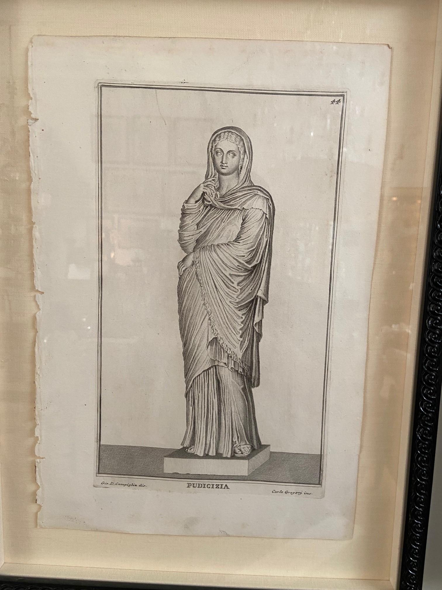 Set von 9 italienischen Gravuren aus dem 18. Jahrhundert, die das Porträt einer weiblichen Statue zeigen im Angebot 5