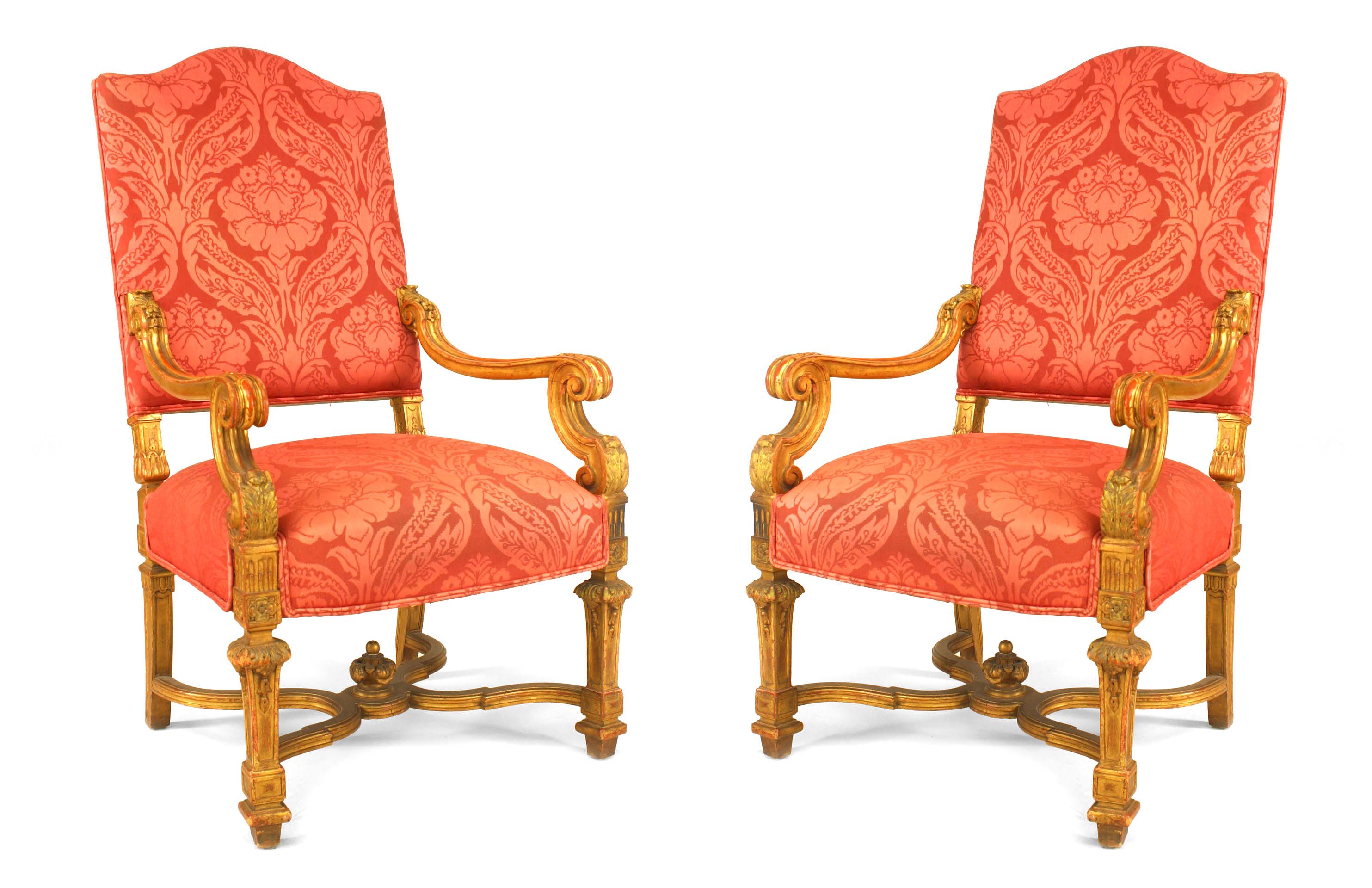 Set of 9 French Louis XIV style (19th Century) gilt chairs with rose damask upholstery. 2 arm chairs: 24¬Ω