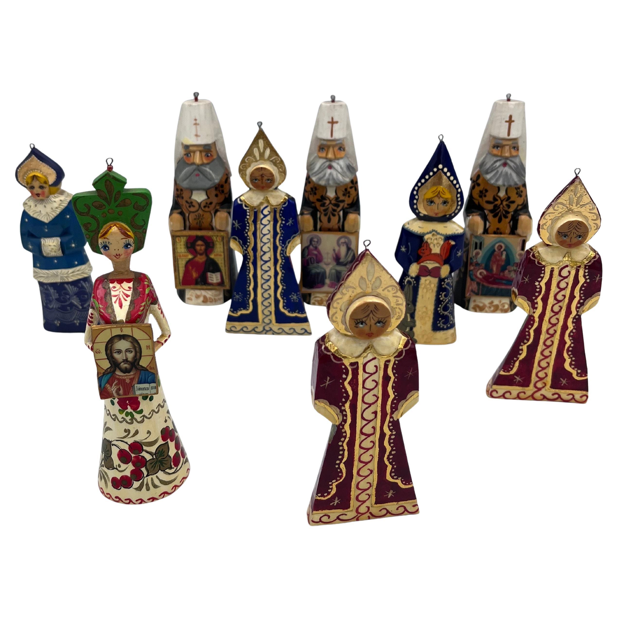 Ensemble de 9 décorations de Noël figuratives orthodoxes orientales du 20e siècle peintes à la main
