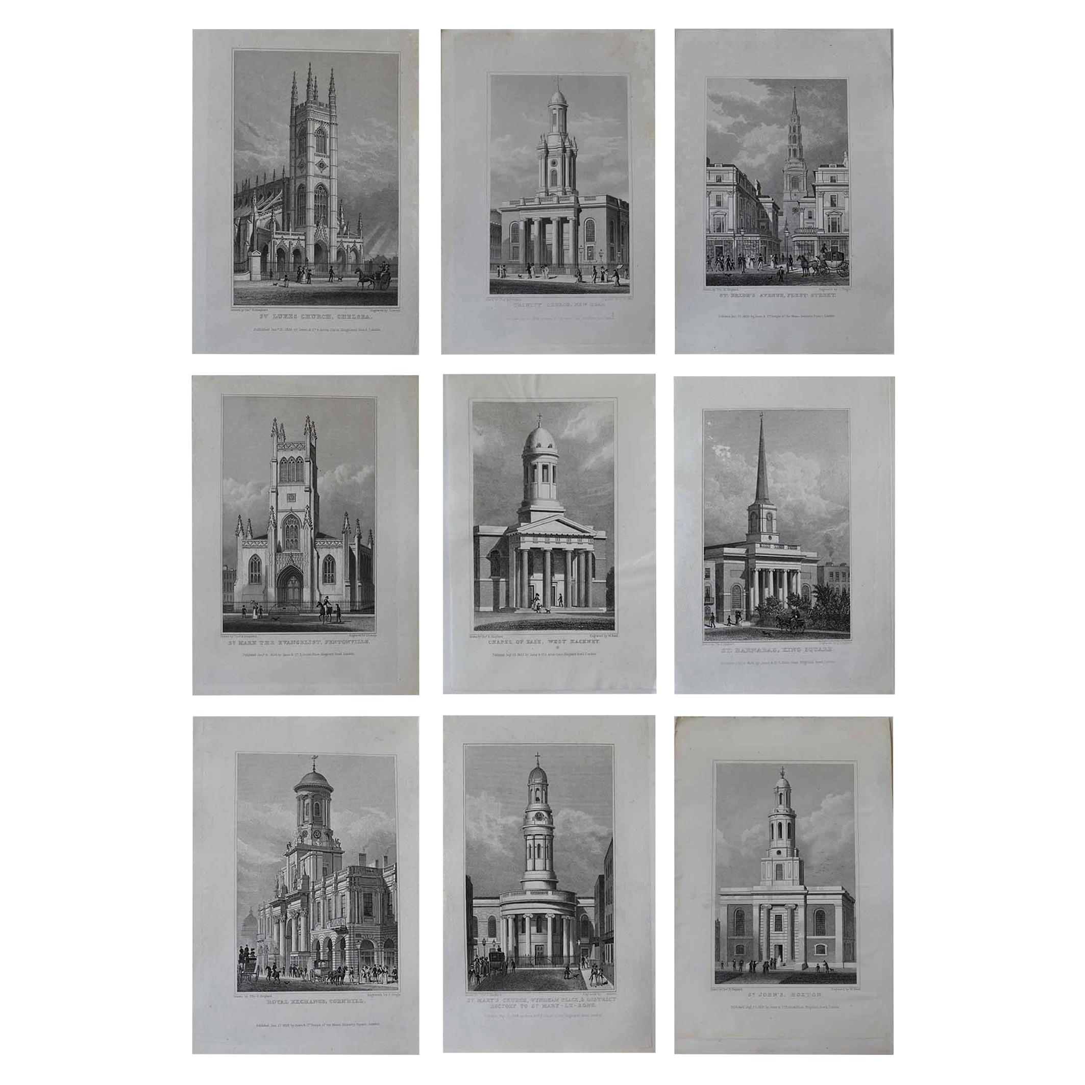 Set of 9 Antique Architectural Prints of London Churches, 1828