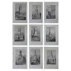 Set of 9 Antique Architectural Prints of London Churches, 1828