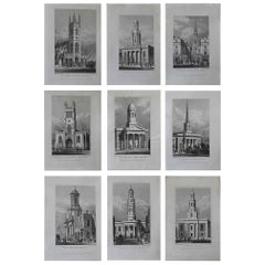 Set of 9 Antique Architectural Prints of London Churches, 1828
