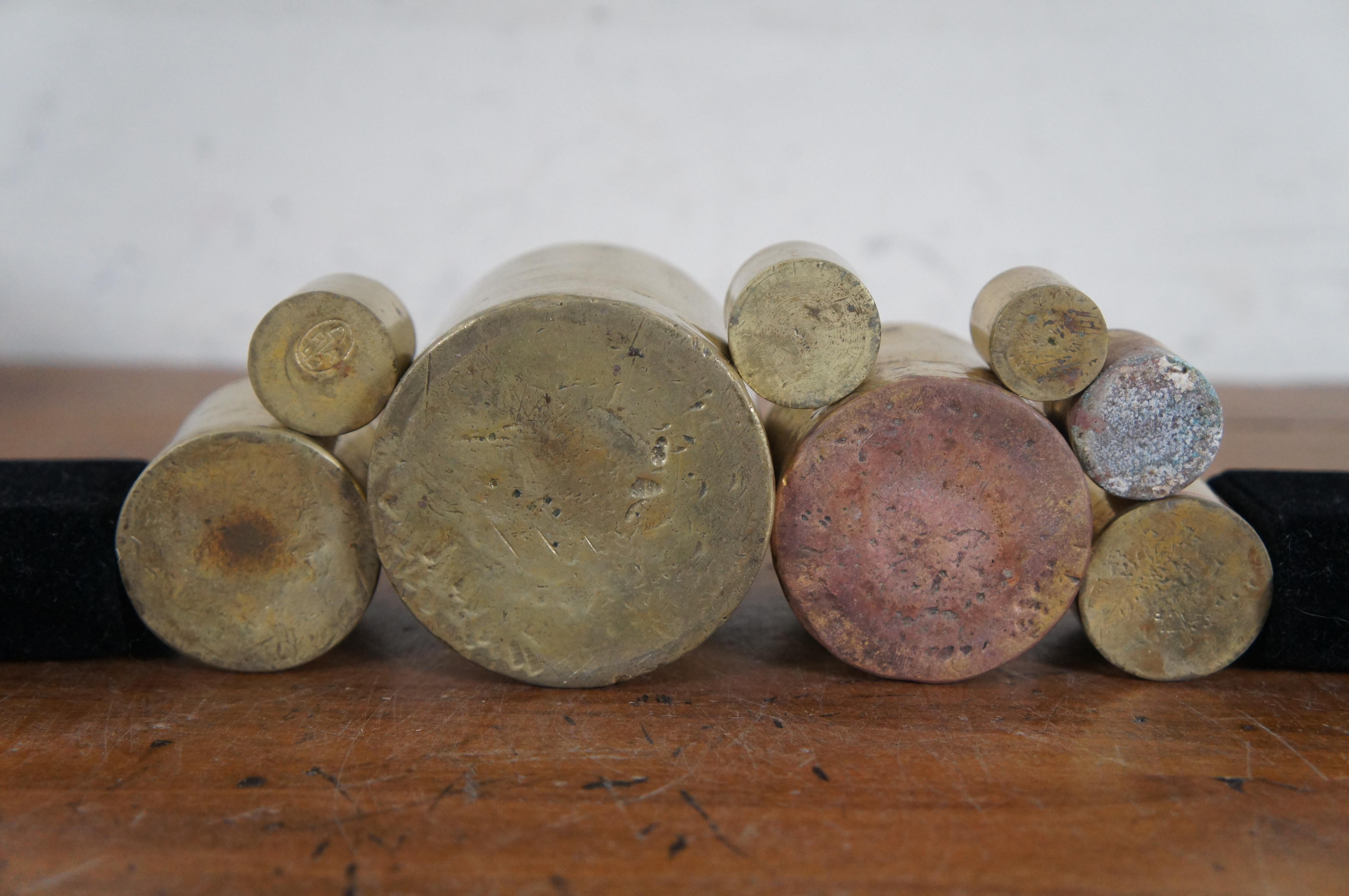 Set of 9 Antique Brass Scale Weights in Wood Block Apothecary 1920s For Sale 2