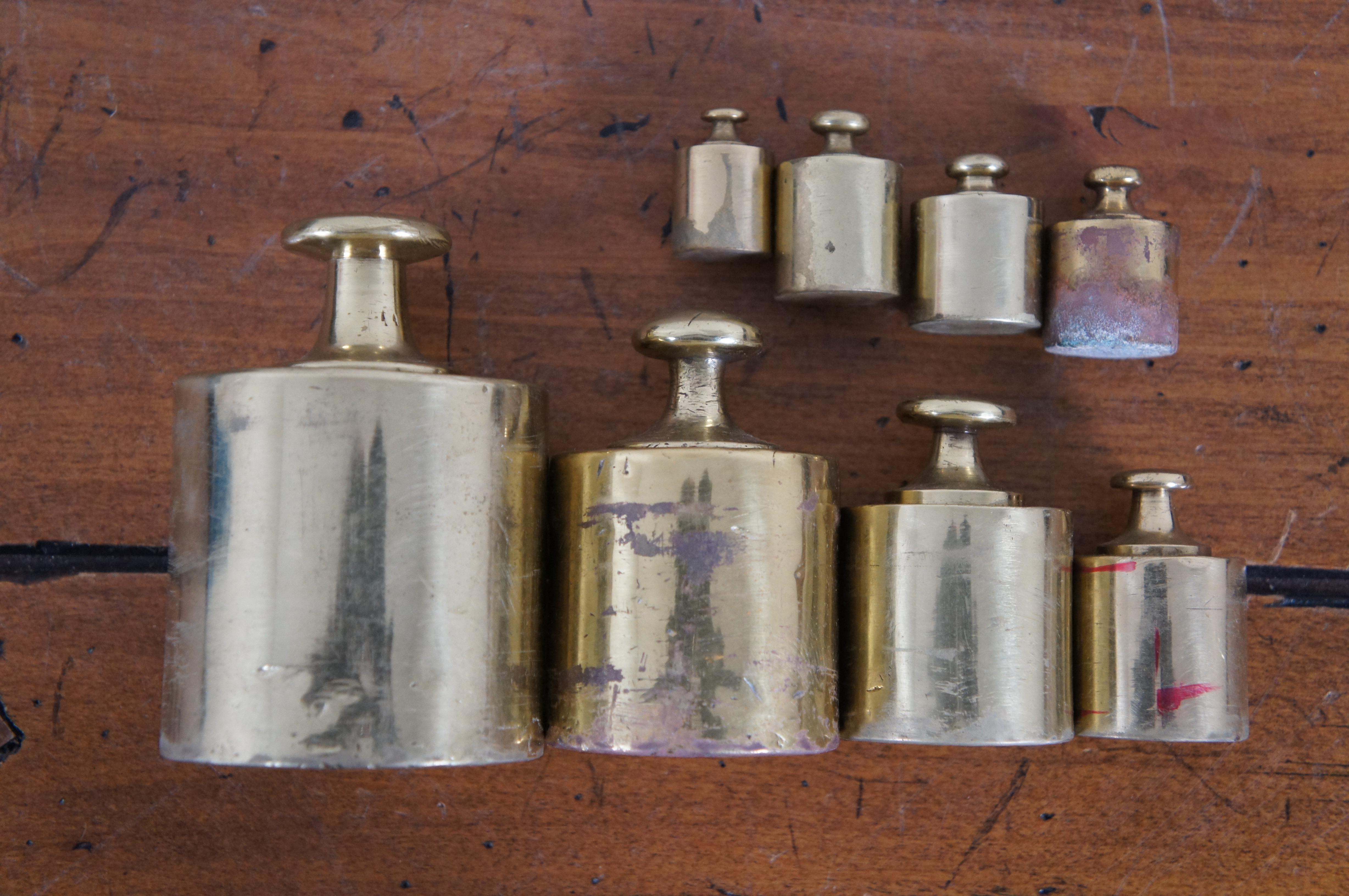 Set of 9 Antique Brass Scale Weights in Wood Block Apothecary 1920s For Sale 3