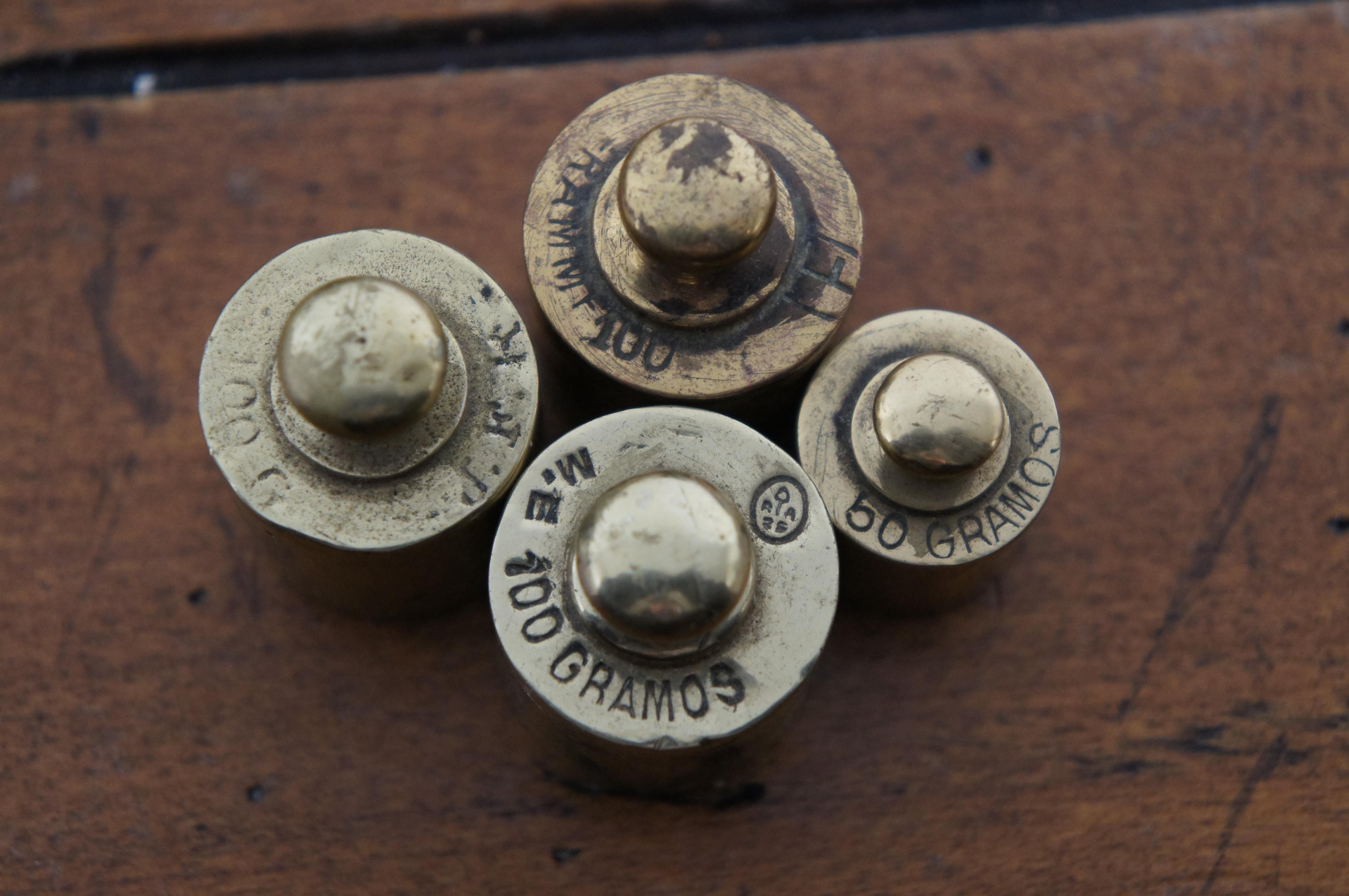 Set of 9 Antique Brass Scale Weights in Wood Block Apothecary 1920s For Sale 4