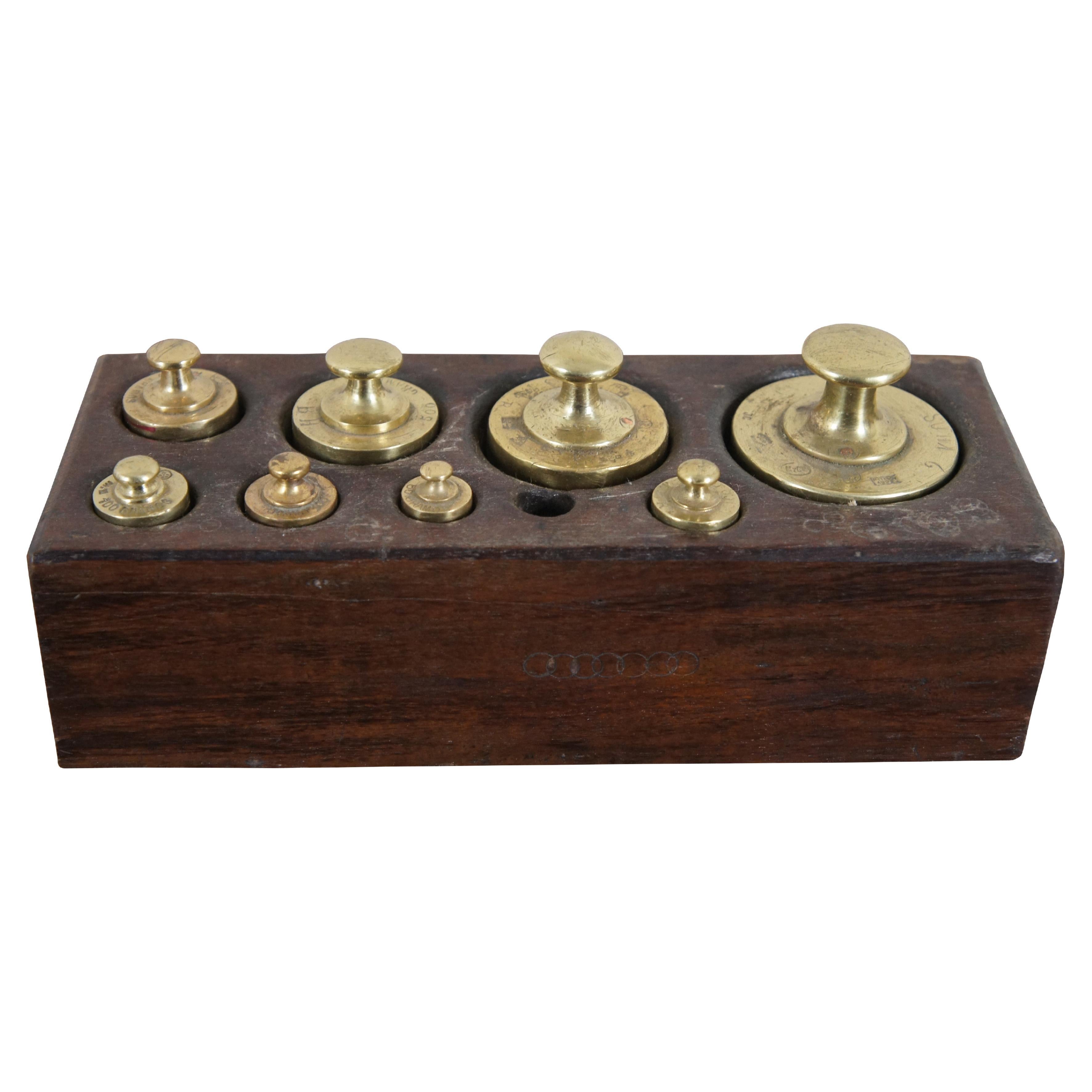 Set of 9 Antique Brass Scale Weights in Wood Block Apothecary 1920s
