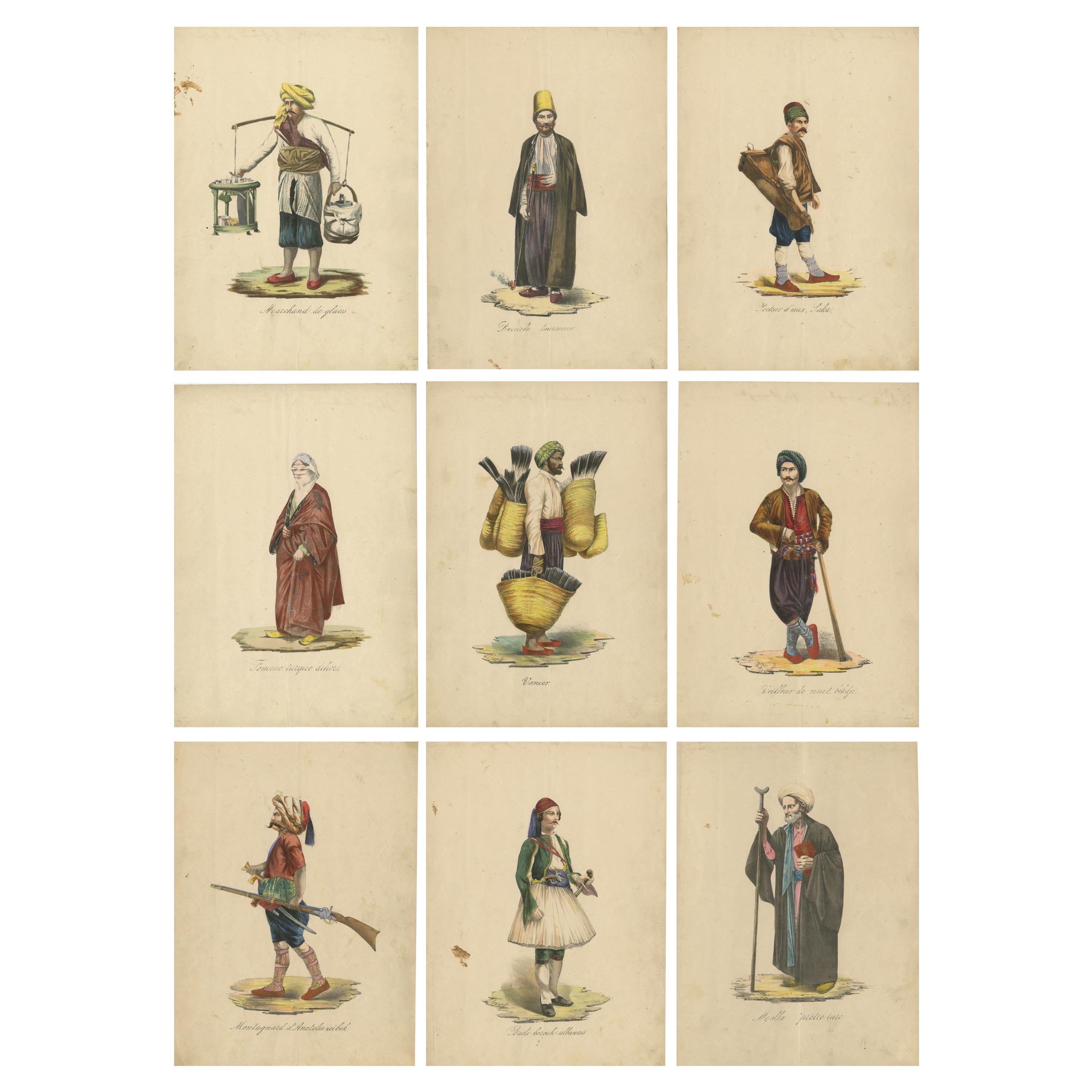 Set of 9 Antique Costume Prints, Turkey, Albania, Anatolia, 'c.1840'