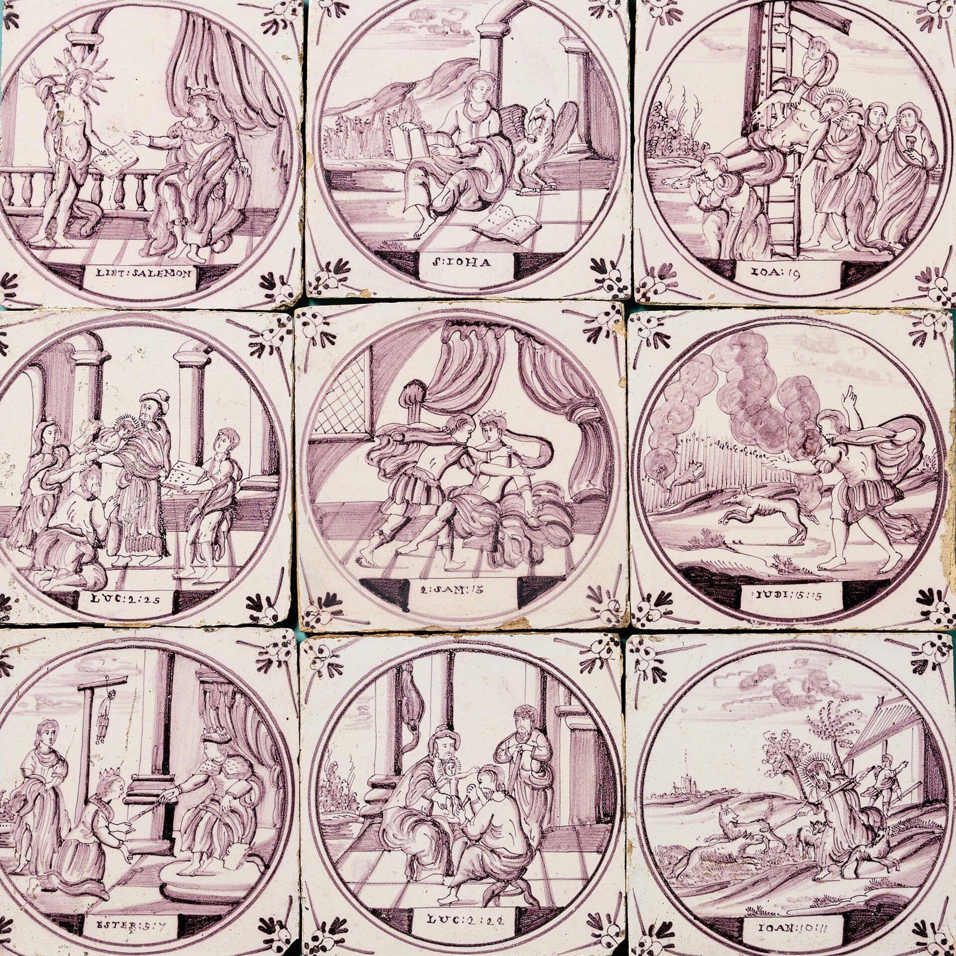 Georgian Set of 9 Antique Delft Tiles depicting Biblical Scenes For Sale