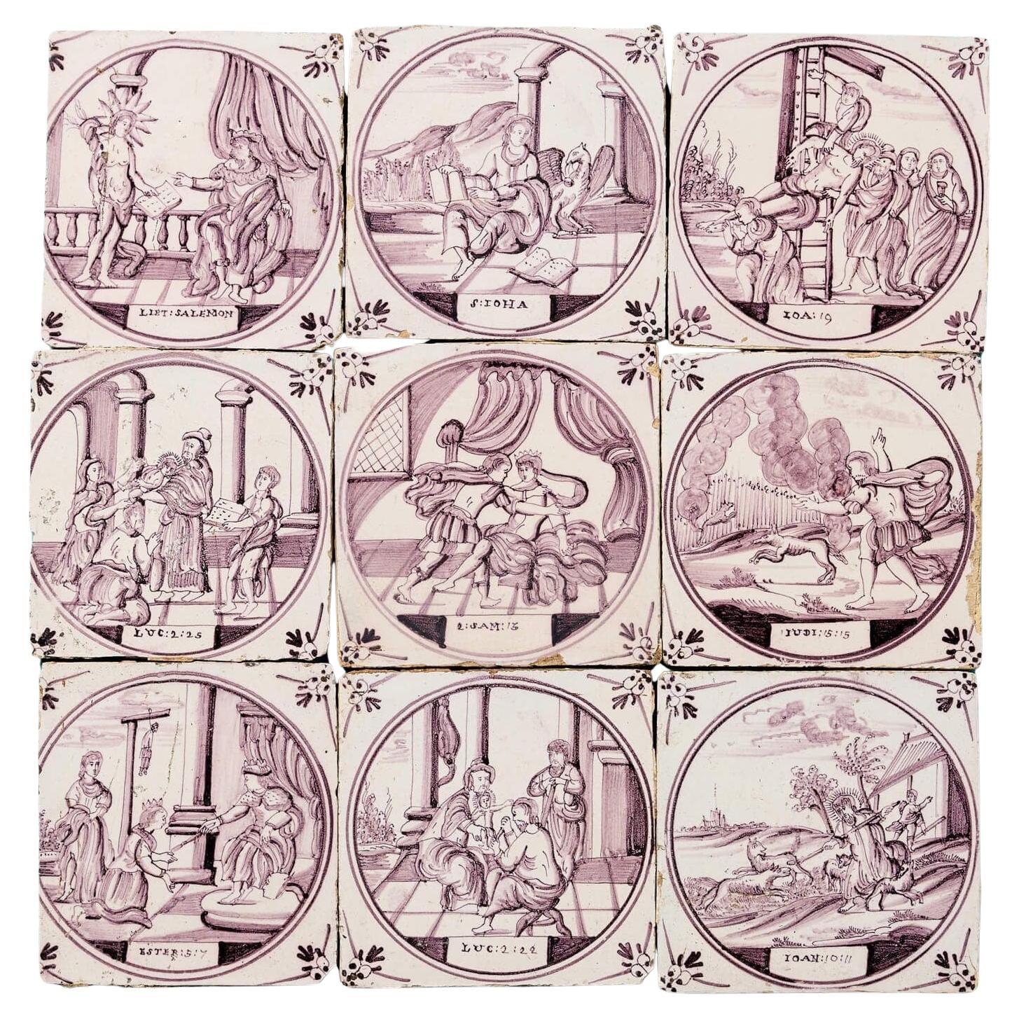 Ensemble de 9 carreaux de Delft anciens représentant des scènes bibliques