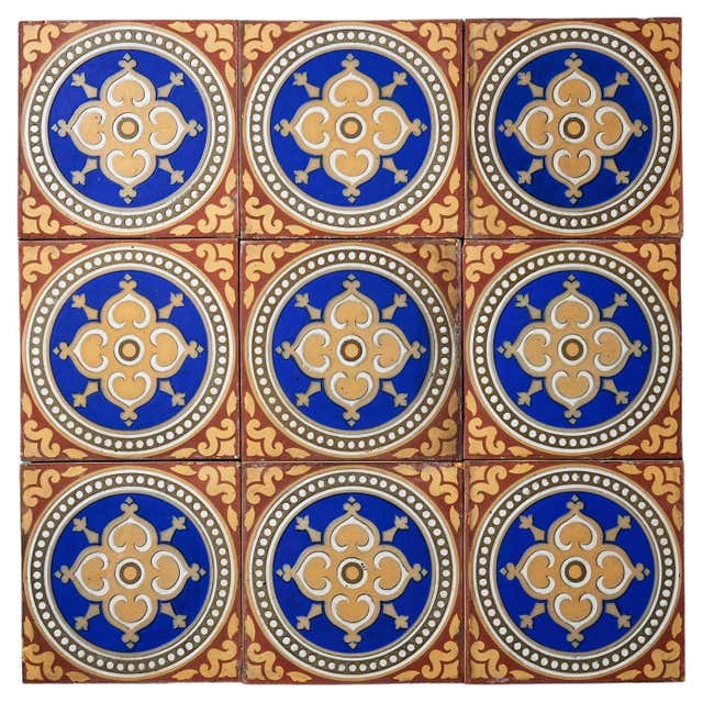 Rustic Encaustic Tile Set of 9 Ecclesiastical Antique English Encaustic Tiles For Sale at 1stDibs