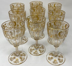 Set of 9 Antique French Val Saint Lambert Gold-Etched Crystal Goblets, Ca. 1890s