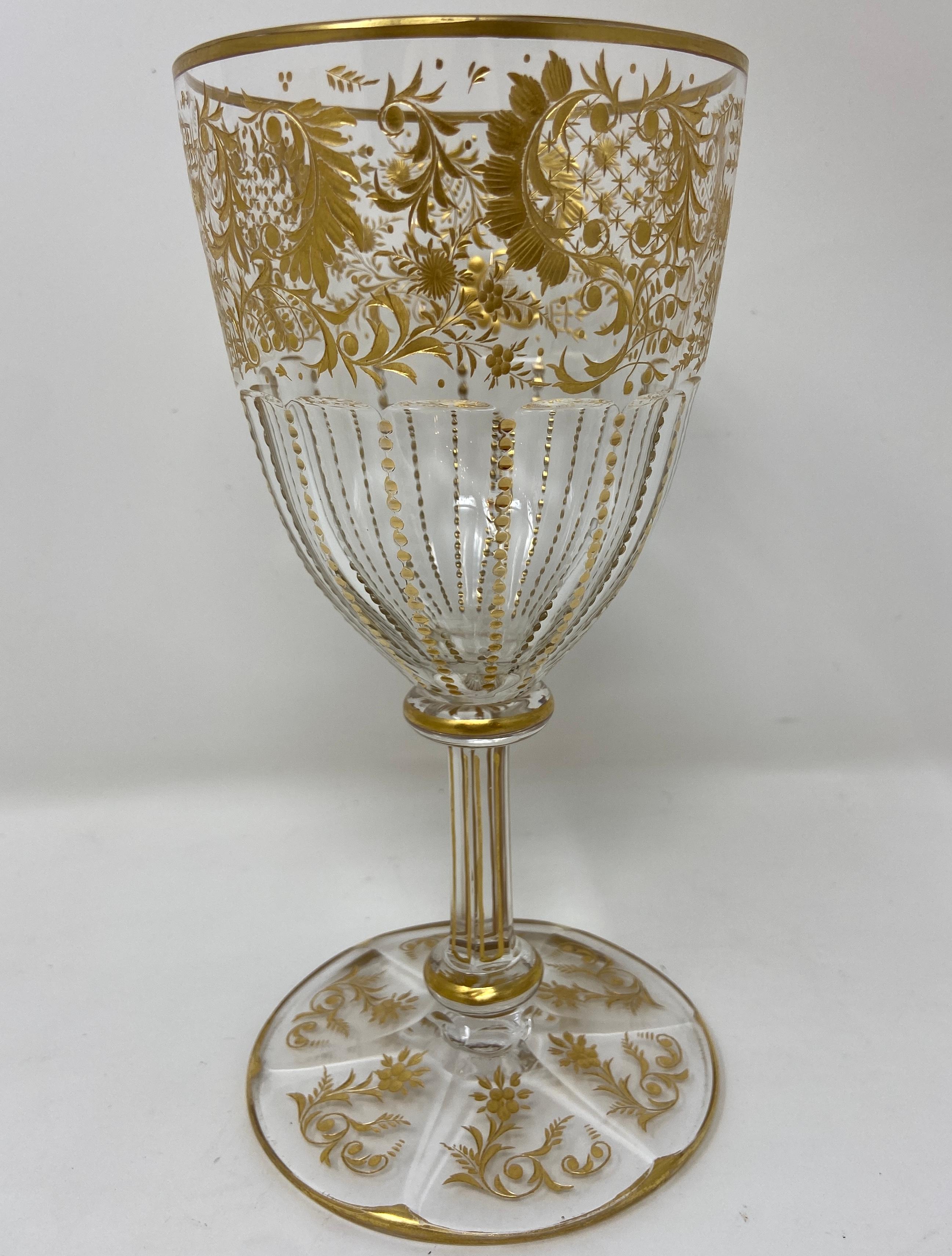 Set of 9 Antique French Val Saint Lambert Gold-Etched Crystal Goblets, Ca. 1890s In Good Condition In New Orleans, LA
