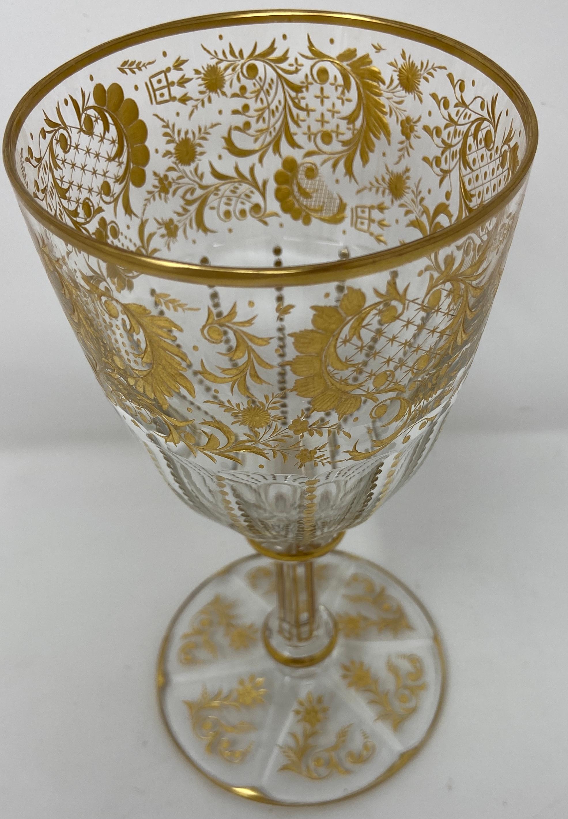 19th Century Set of 9 Antique French Val Saint Lambert Gold-Etched Crystal Goblets, Ca. 1890s