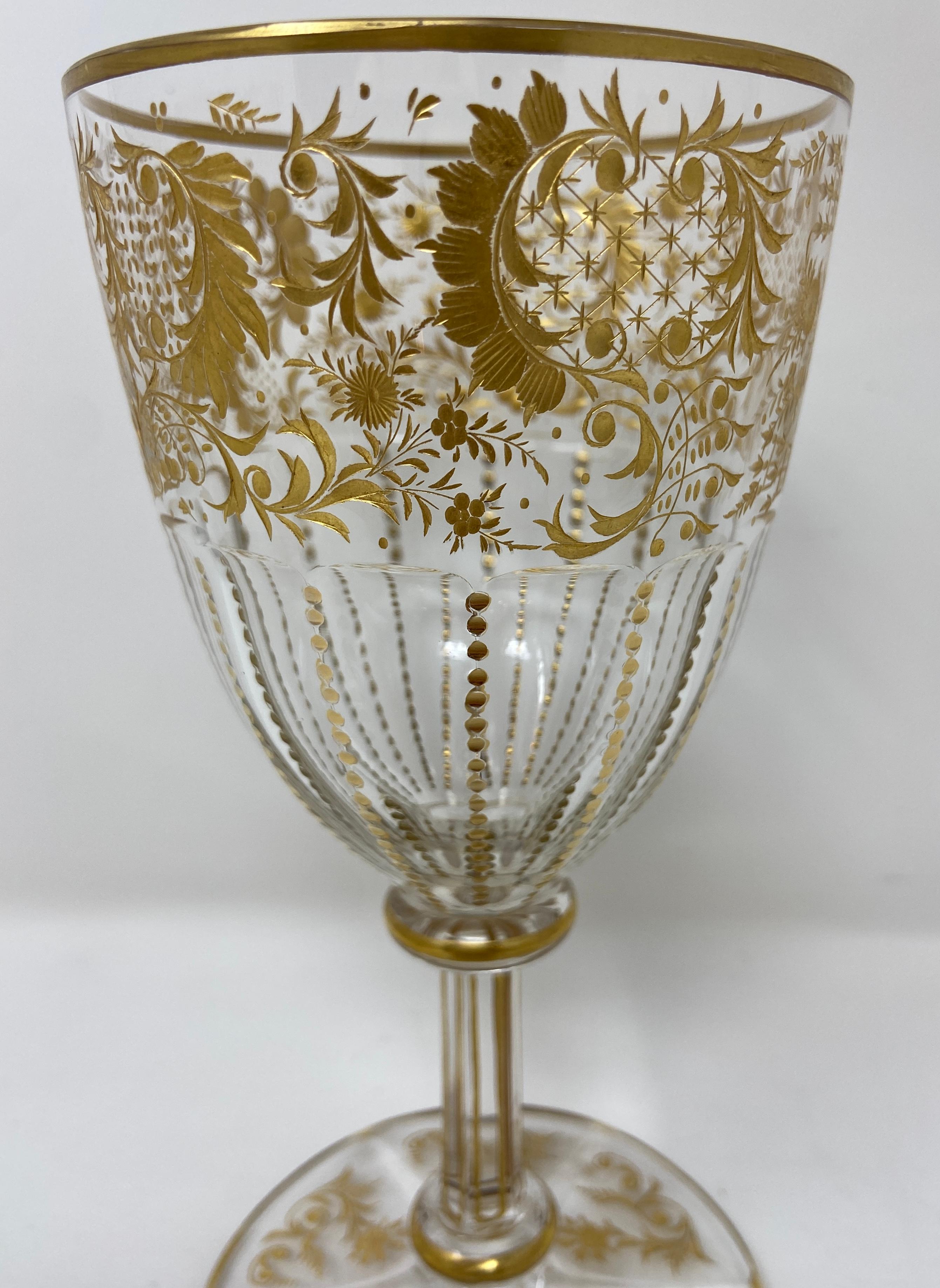 Set of 9 Antique French Val Saint Lambert Gold-Etched Crystal Goblets, Ca. 1890s 1