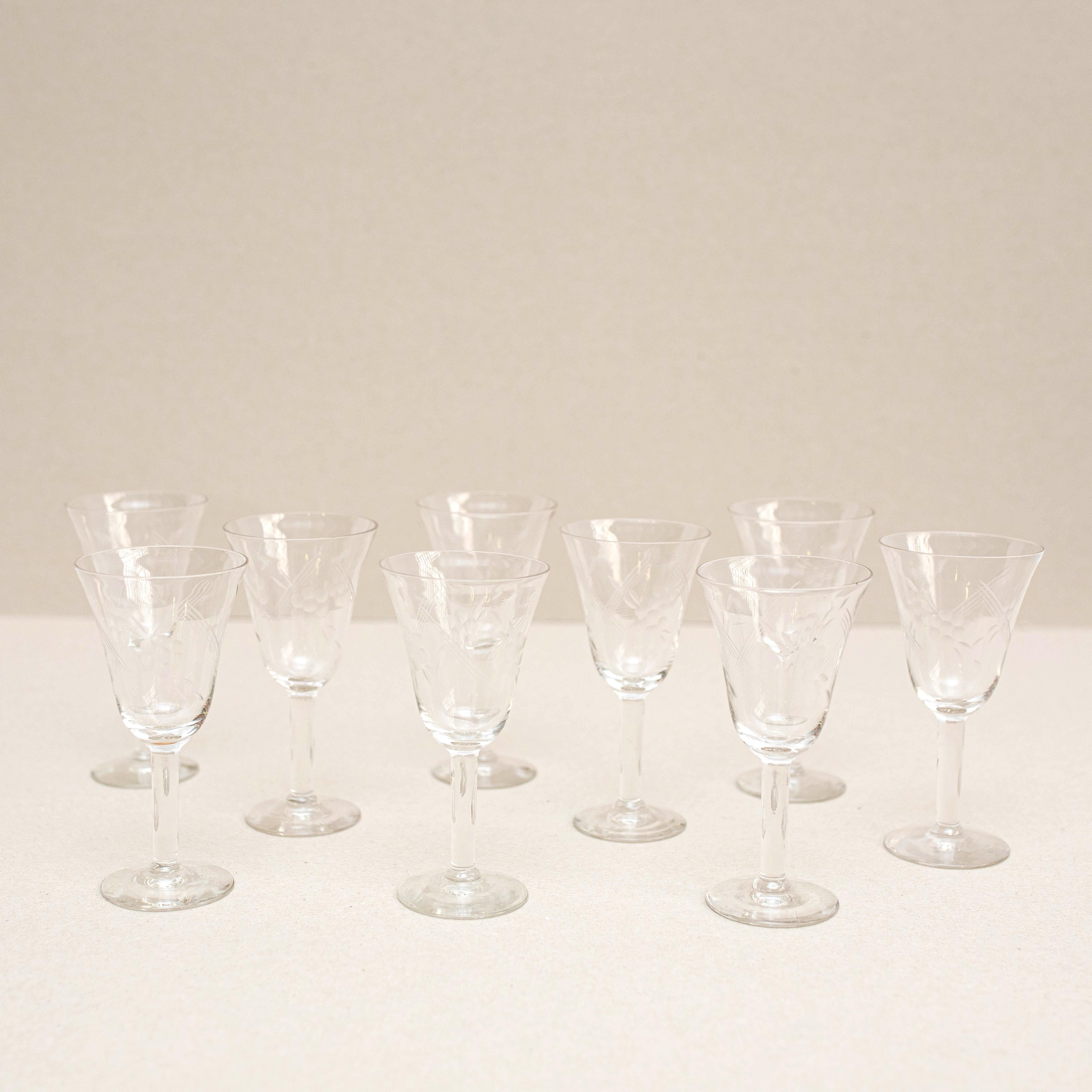 Mid-Century Modern  Set of 9 Antique Glass Wine Cups, circa 1970 For Sale
