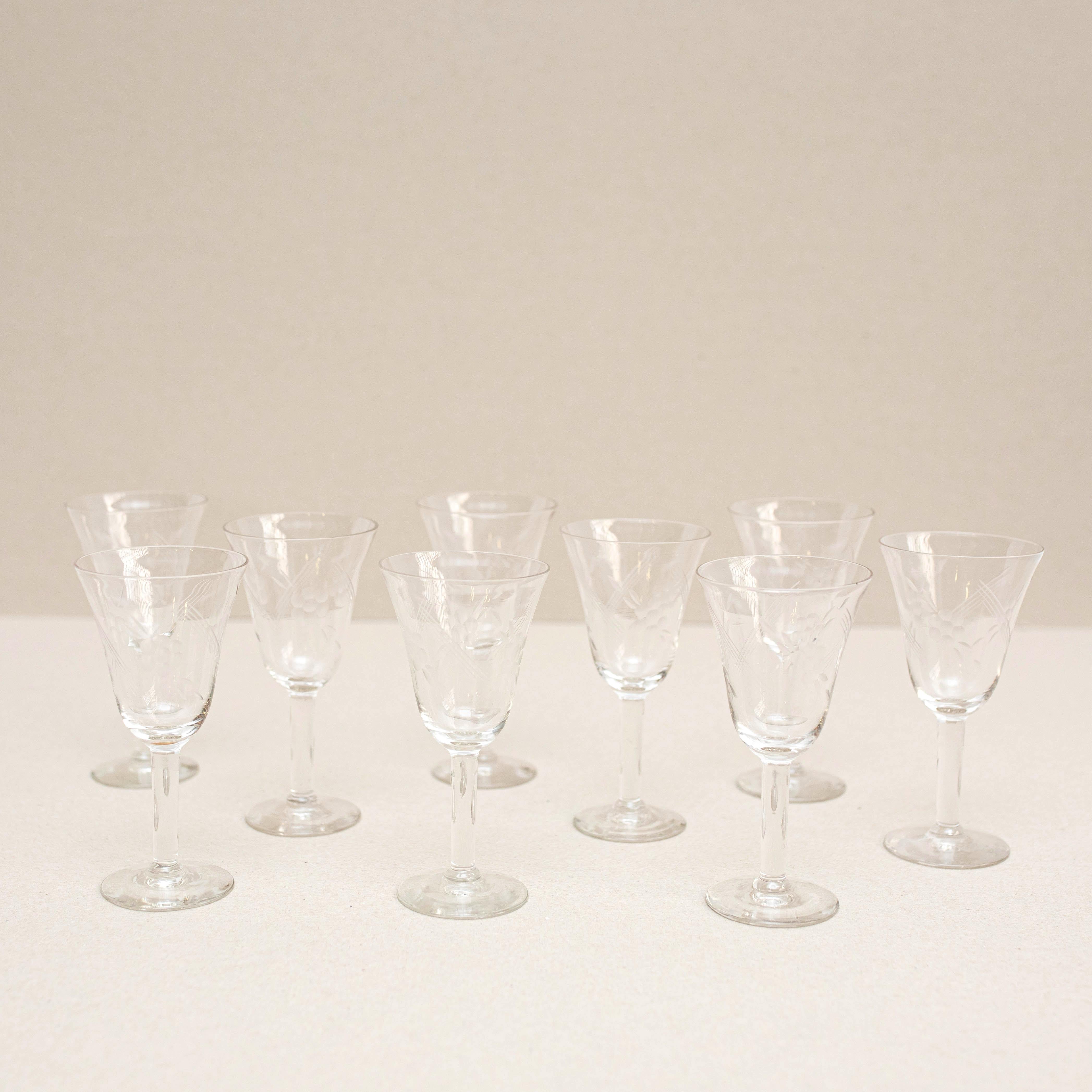 French  Set of 9 Antique Glass Wine Cups, circa 1970 For Sale