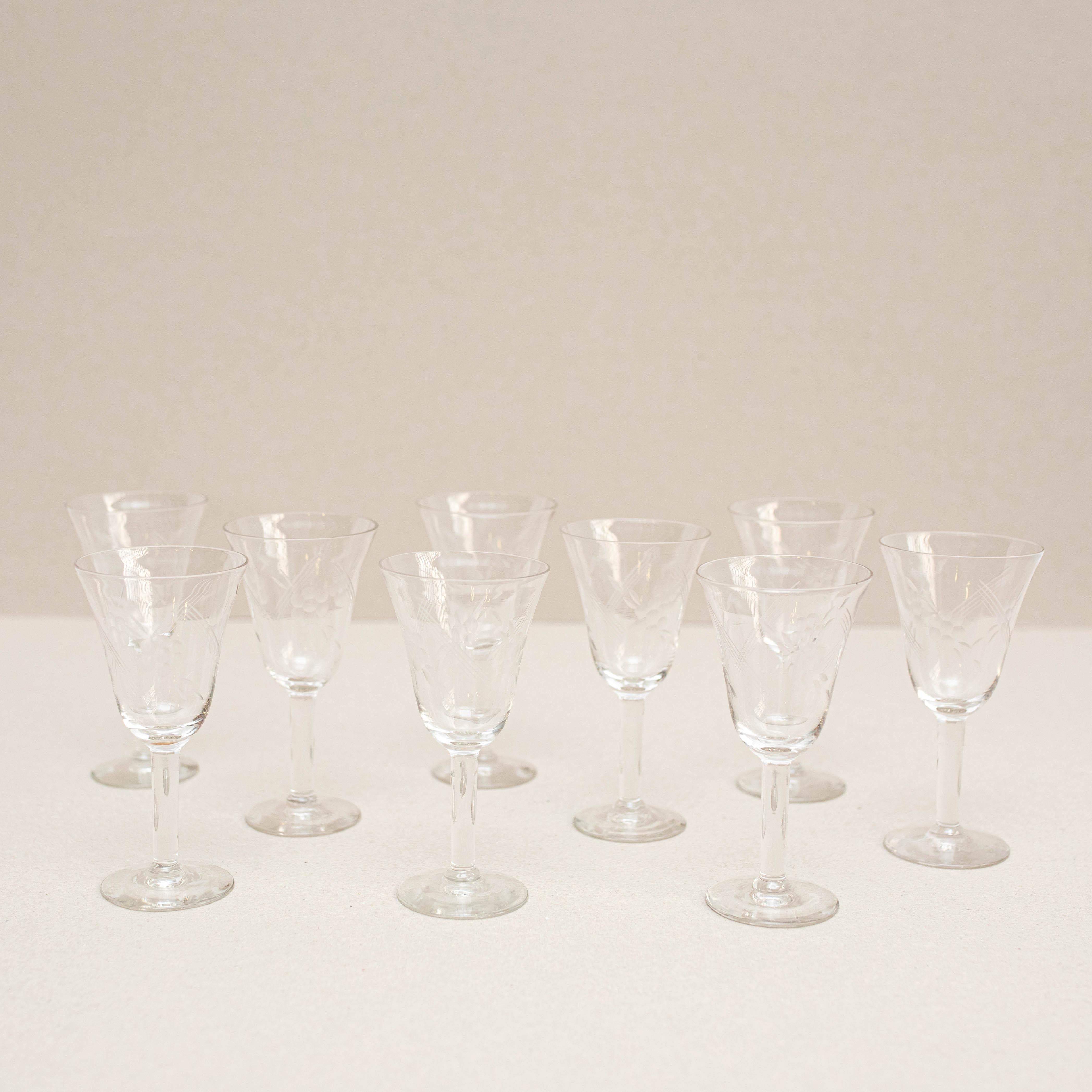  Set of 9 Antique Glass Wine Cups, circa 1970 In Good Condition For Sale In Barcelona, Barcelona