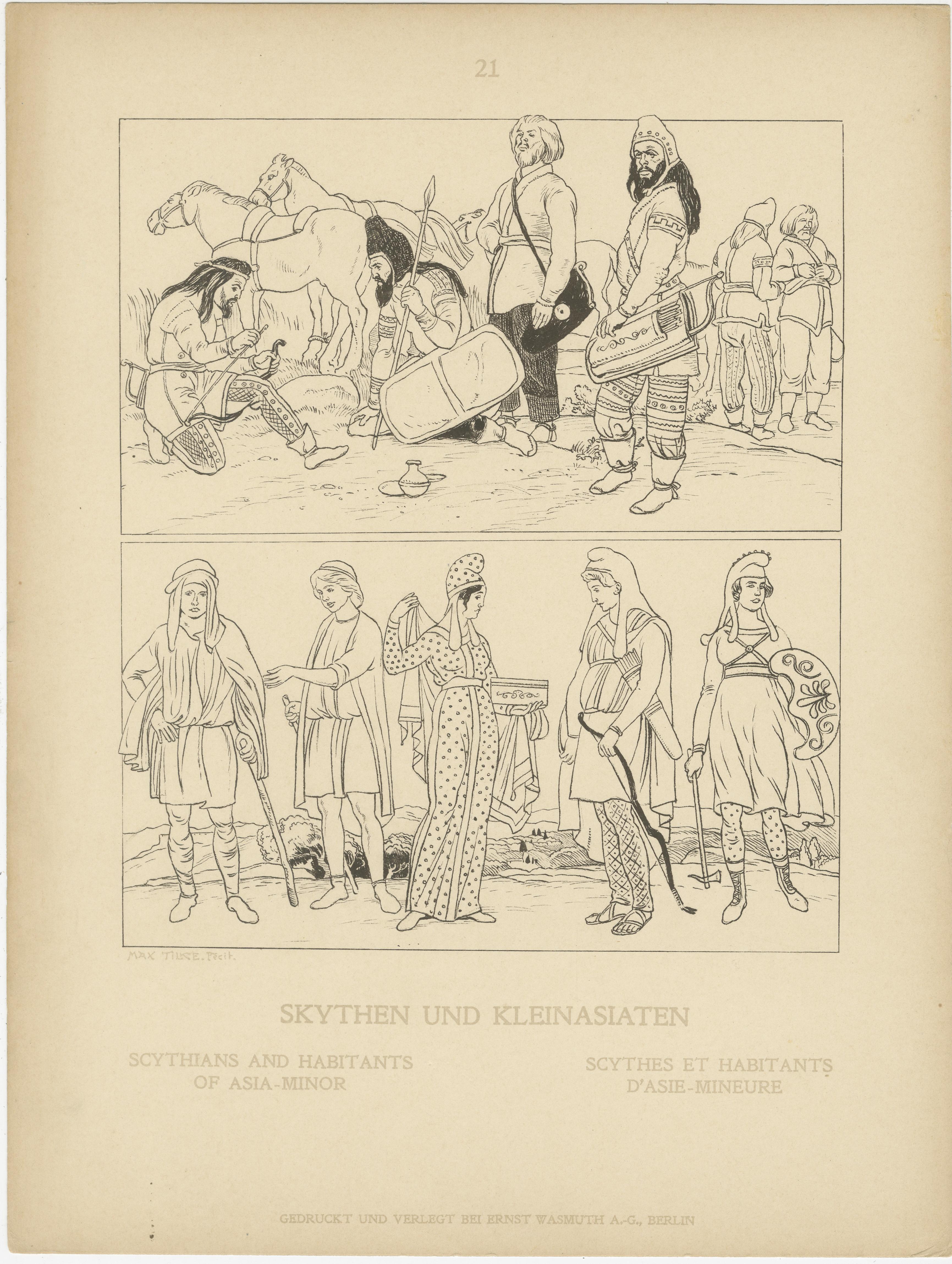 Ensemble de 9 gravures anciennes de costumes grecs et d'antiquités par Wasmuth, Berlin c.1900

Cet ensemble impressionnant de neuf estampes anciennes présente une étude visuelle richement détaillée de la vie, des vêtements, des coutumes, du théâtre,
