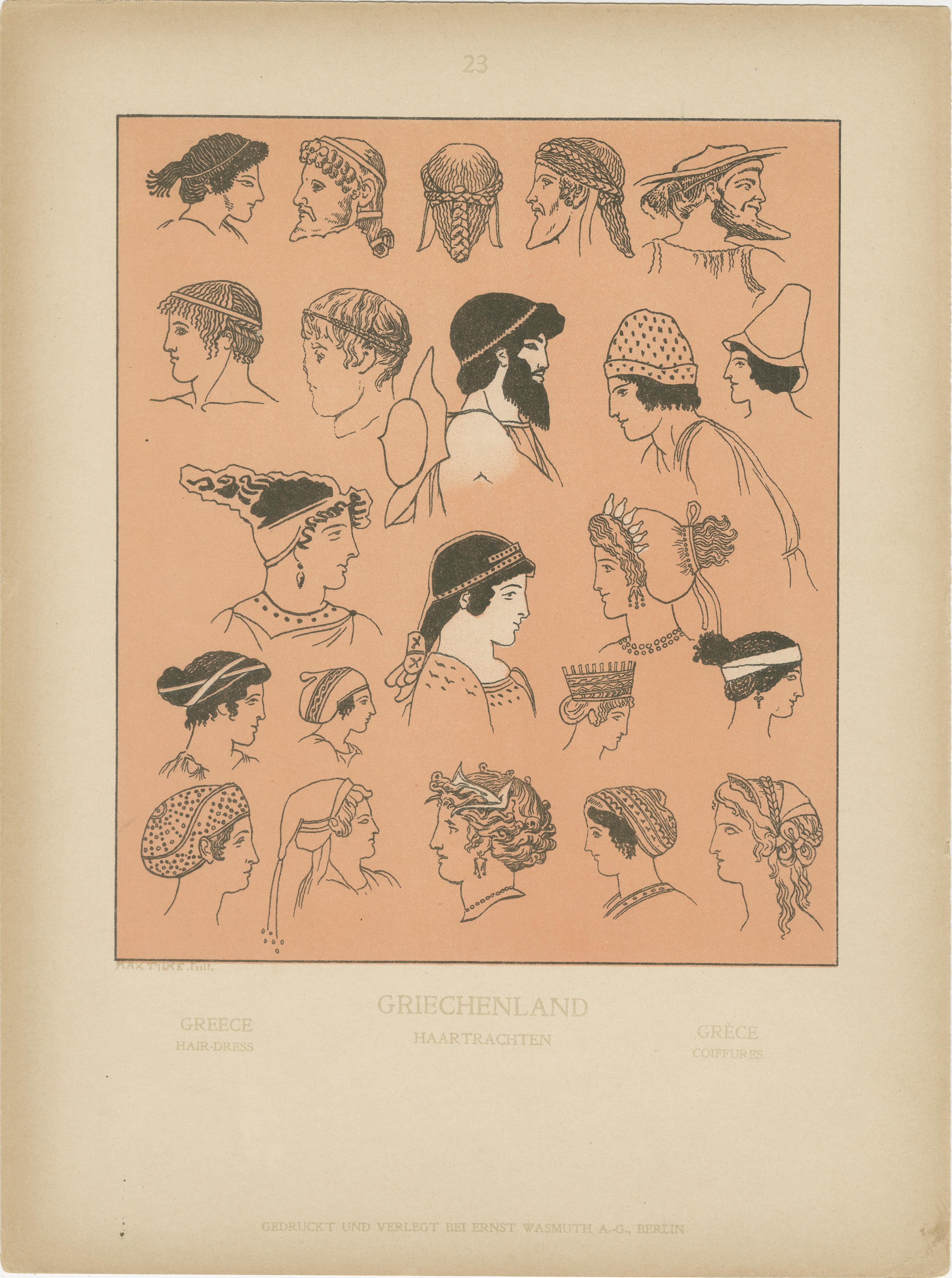 Ensemble de 9 gravures anciennes de costumes grecs et d'antiquités par Wasmuth, Berlin c.1900 Bon état - En vente à Langweer, NL