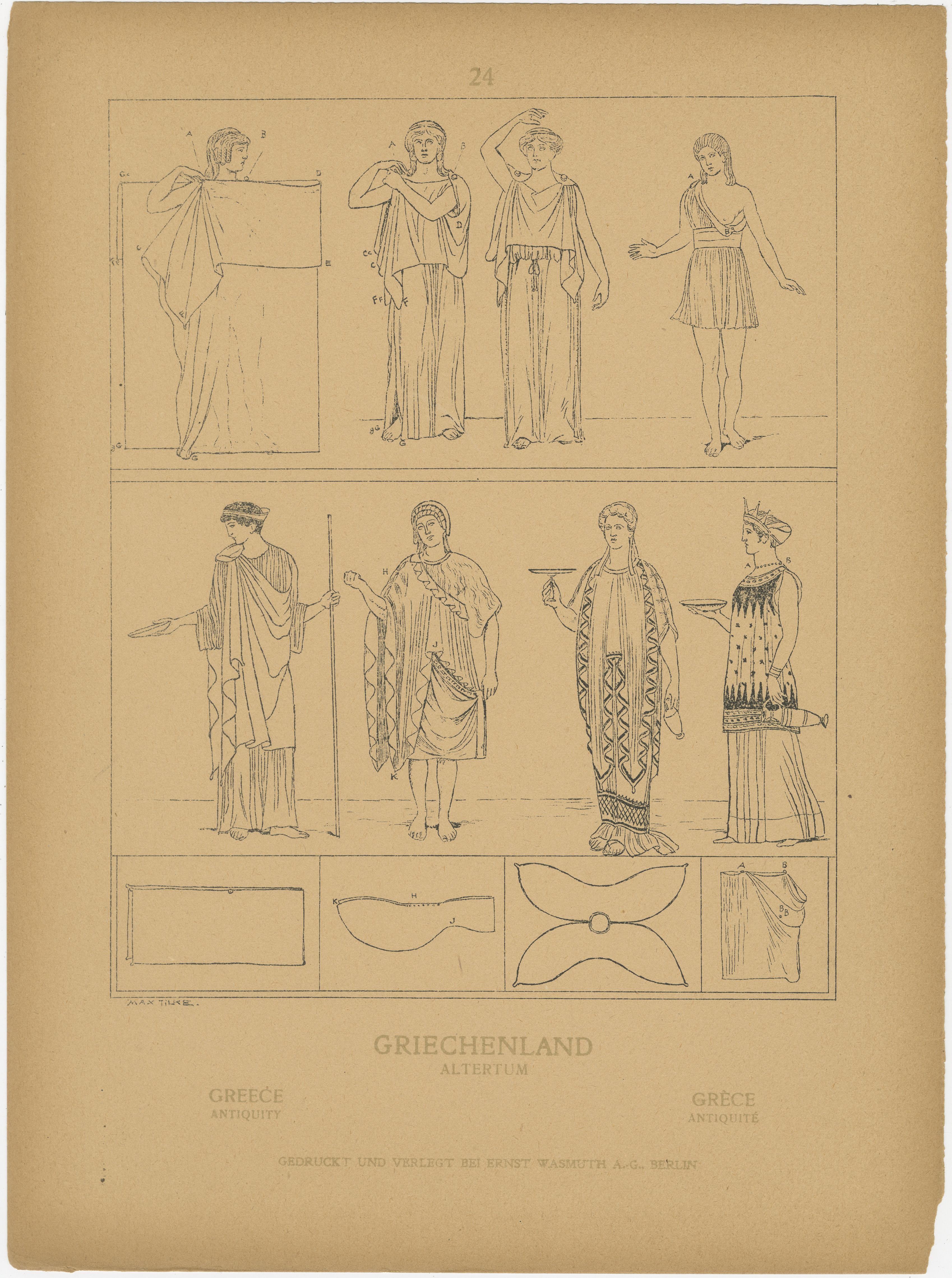 Début du 20ème siècle Ensemble de 9 gravures anciennes de costumes grecs et d'antiquités par Wasmuth, Berlin c.1900 en vente