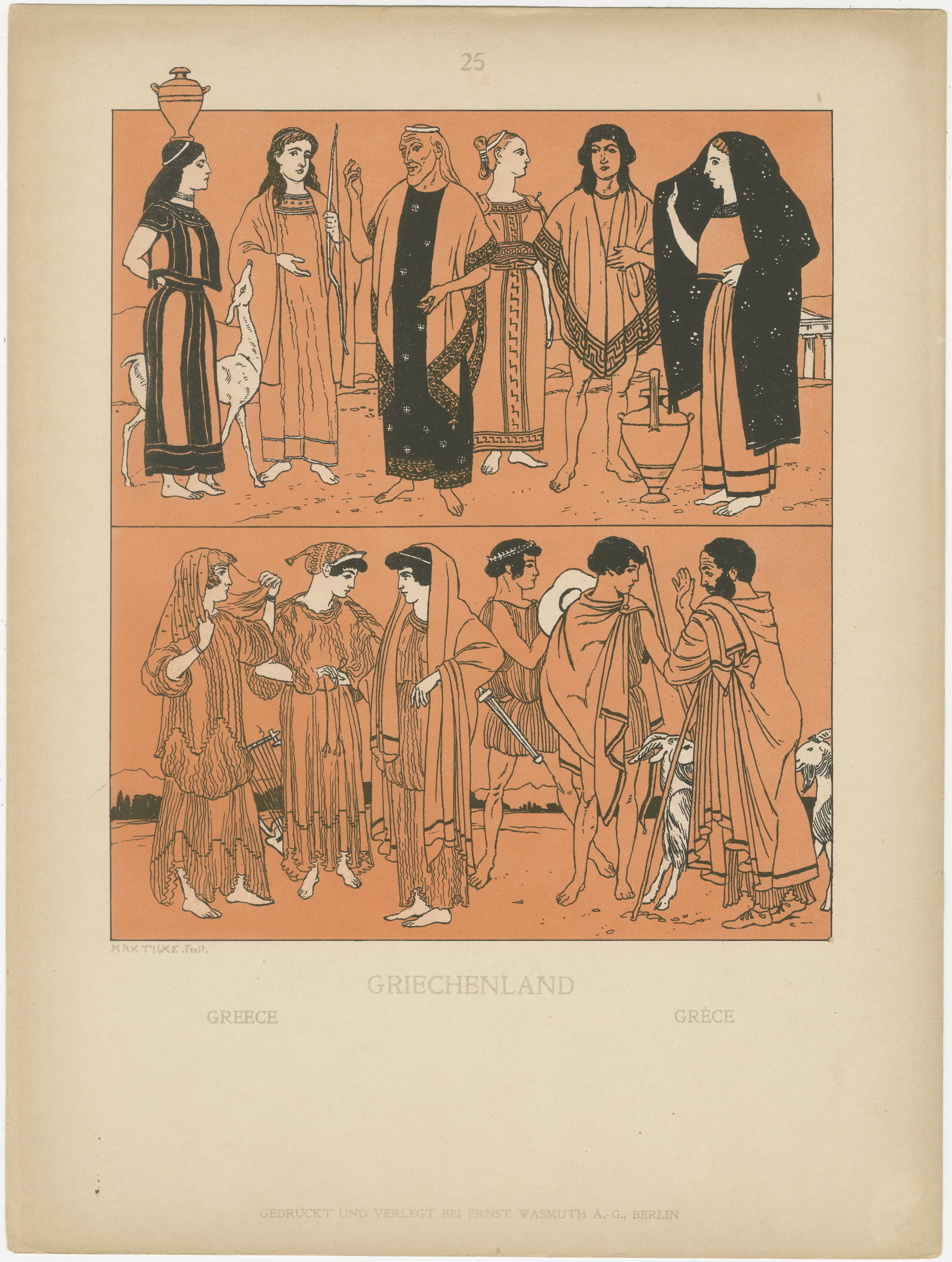 Papier Ensemble de 9 gravures anciennes de costumes grecs et d'antiquités par Wasmuth, Berlin c.1900 en vente