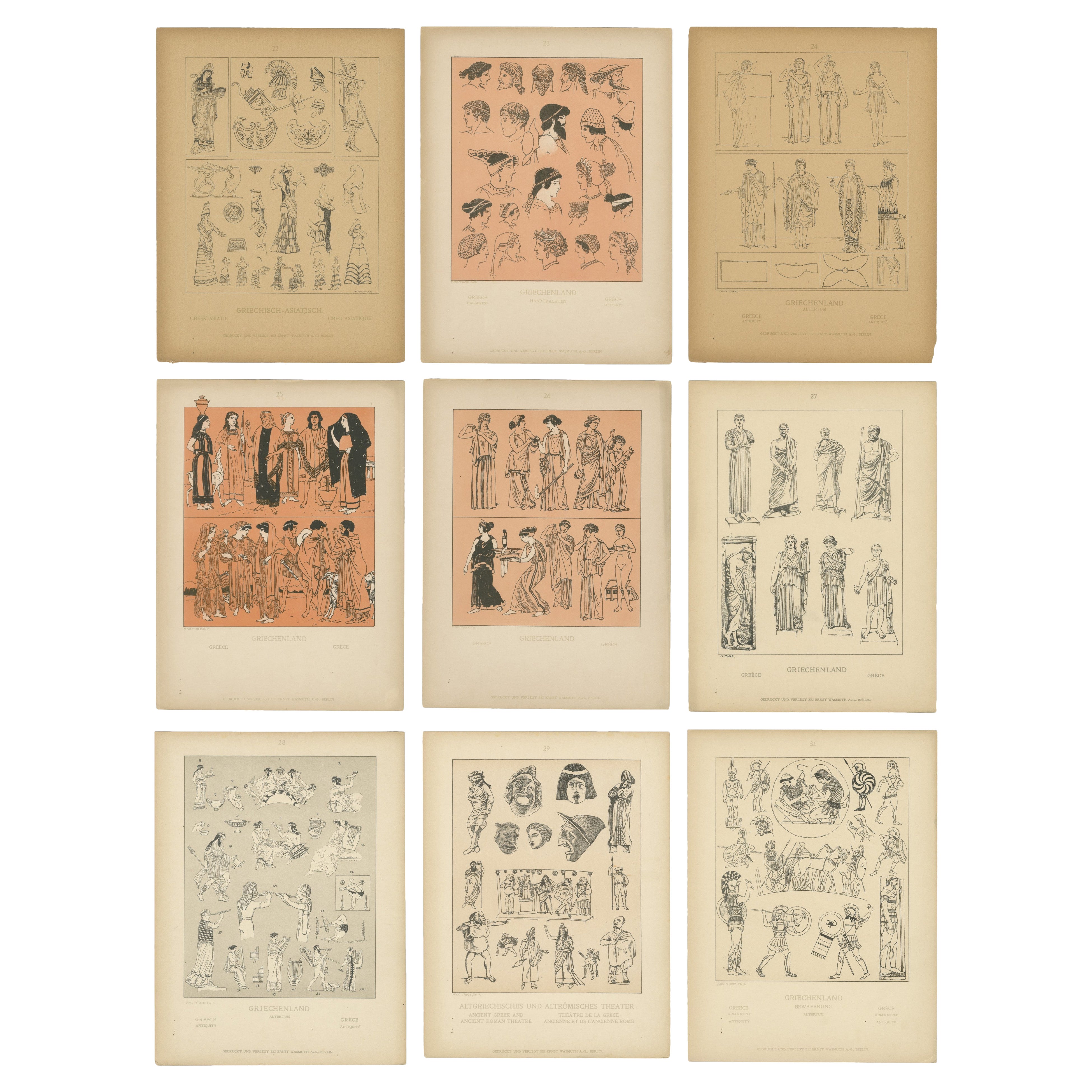 Set of 9 Antique Greek Costume and Antiquity Prints by Wasmuth, Berlin c.1900