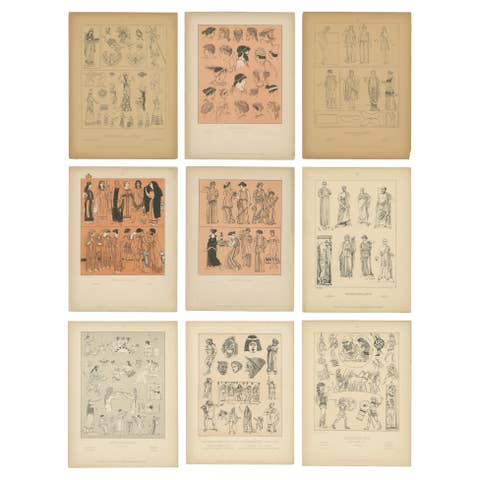 Set of 9 Antique Greek Costume and Antiquity Prints by Wasmuth, Berlin c.1900