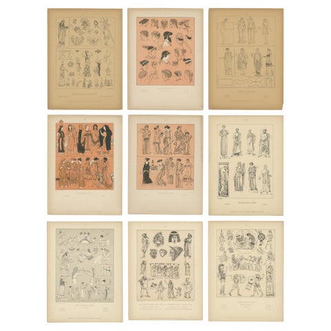 Set of 9 Antique Greek Costume and Antiquity Prints by Wasmuth, Berlin c.1900