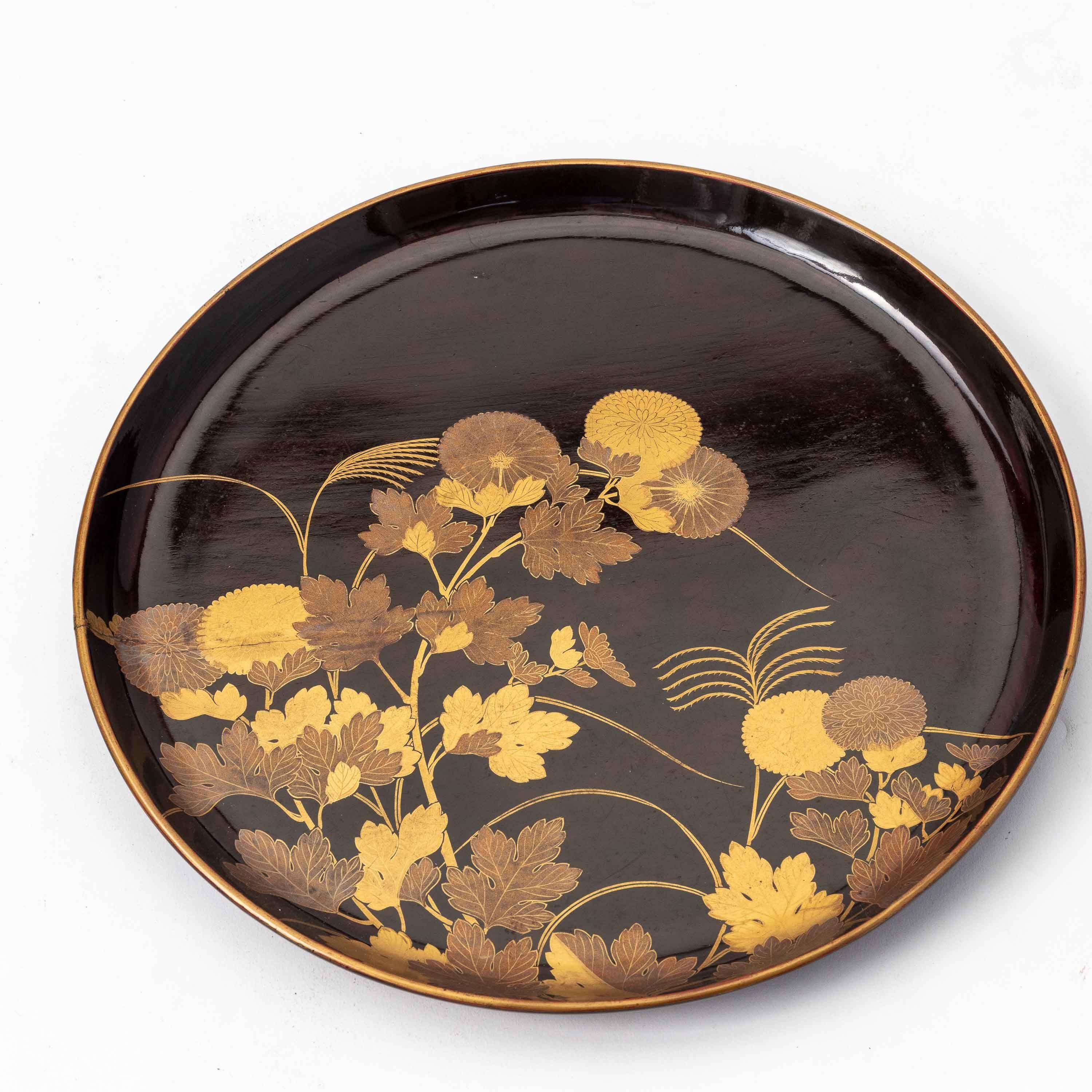 Set of 9 Antique Japanese Circular Lacquer Trays with Botanical Designs in Gold 3