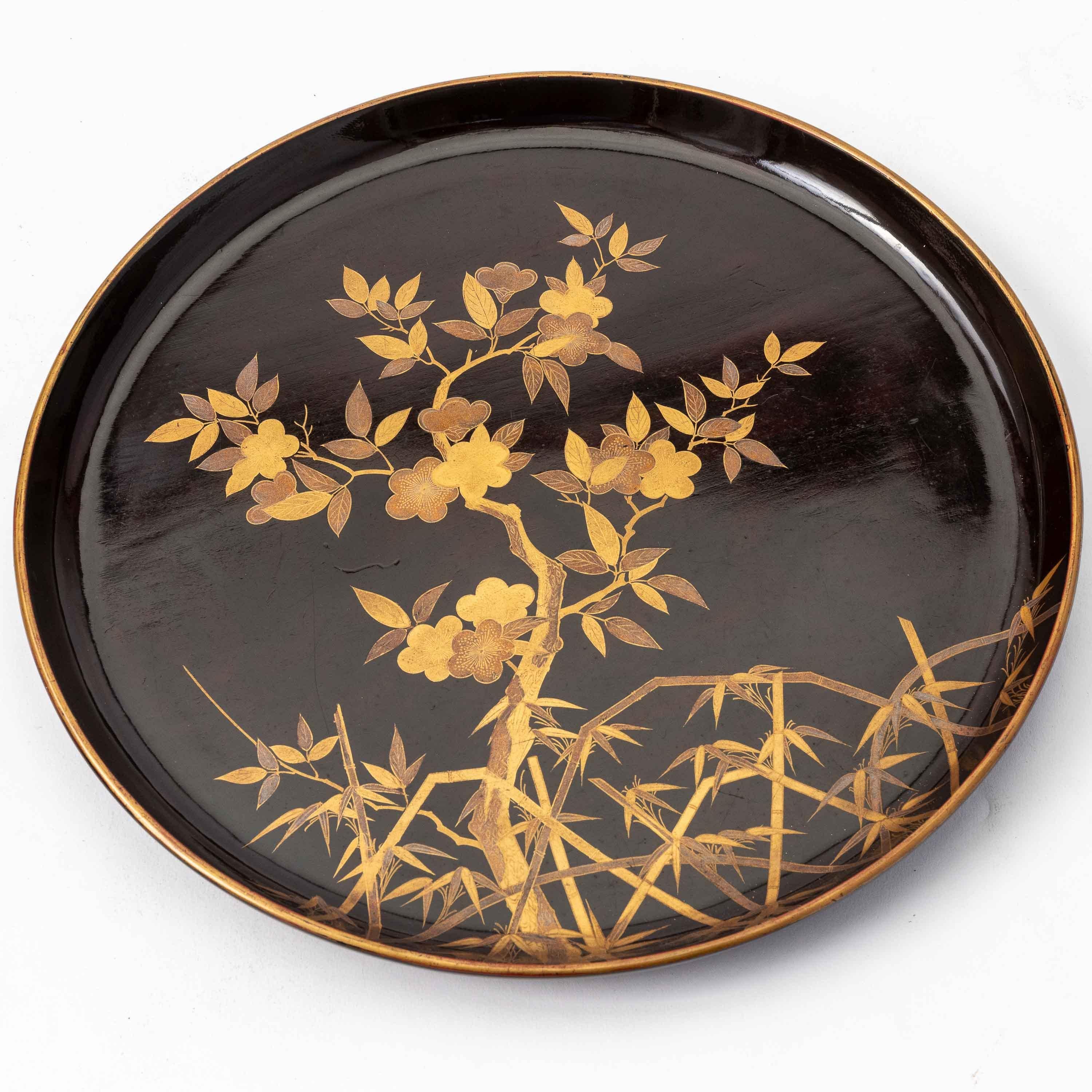 18th Century Set of 9 Antique Japanese Circular Lacquer Trays with Botanical Designs in Gold