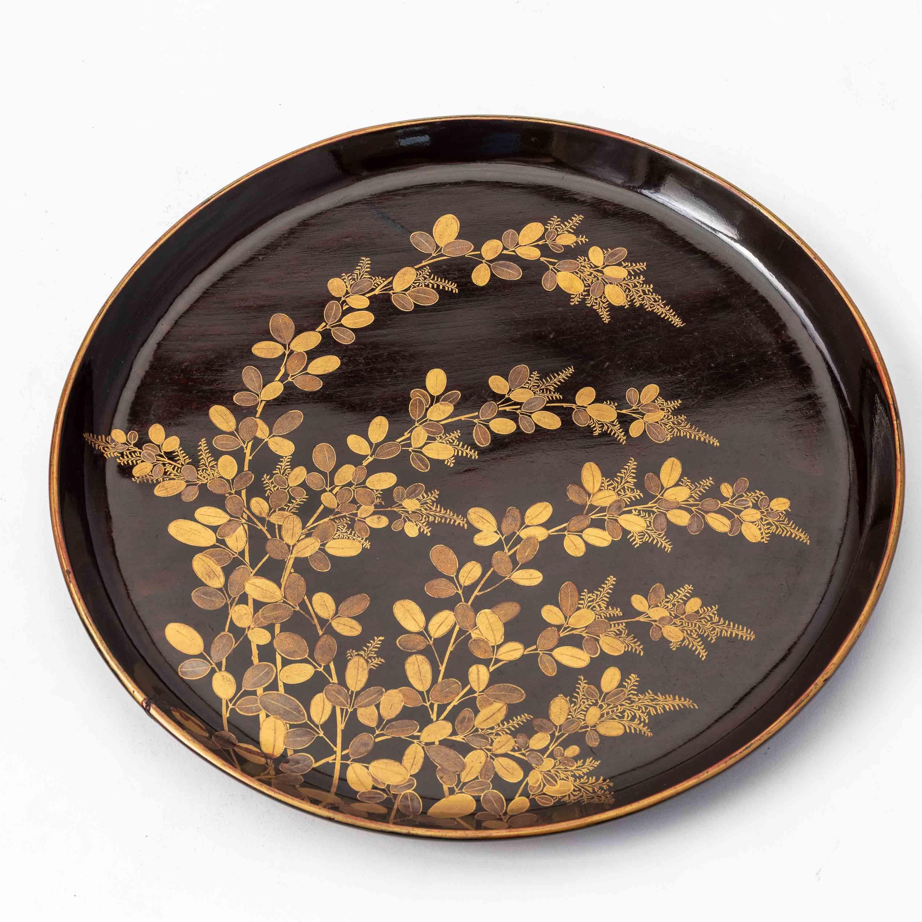 Set of 9 Antique Japanese Circular Lacquer Trays with Botanical Designs in Gold 2