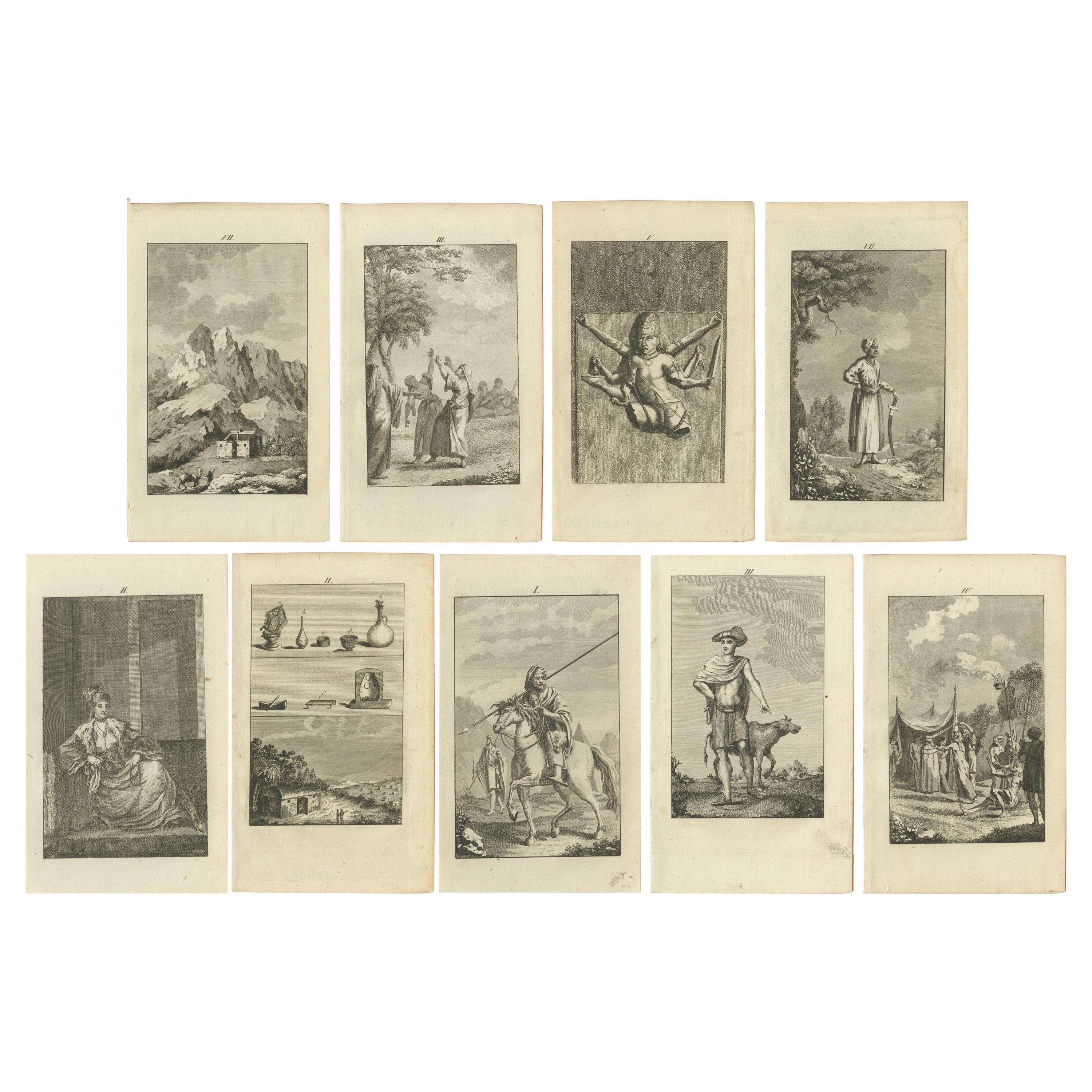 Set von 9 antiken Drucken verschiedener Figuren und Objekte aus dem Jahr 1790