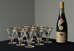 9 Art Nouveau Aperitif Glasses, 1900s, France, Crystal Glass With Gold Decor