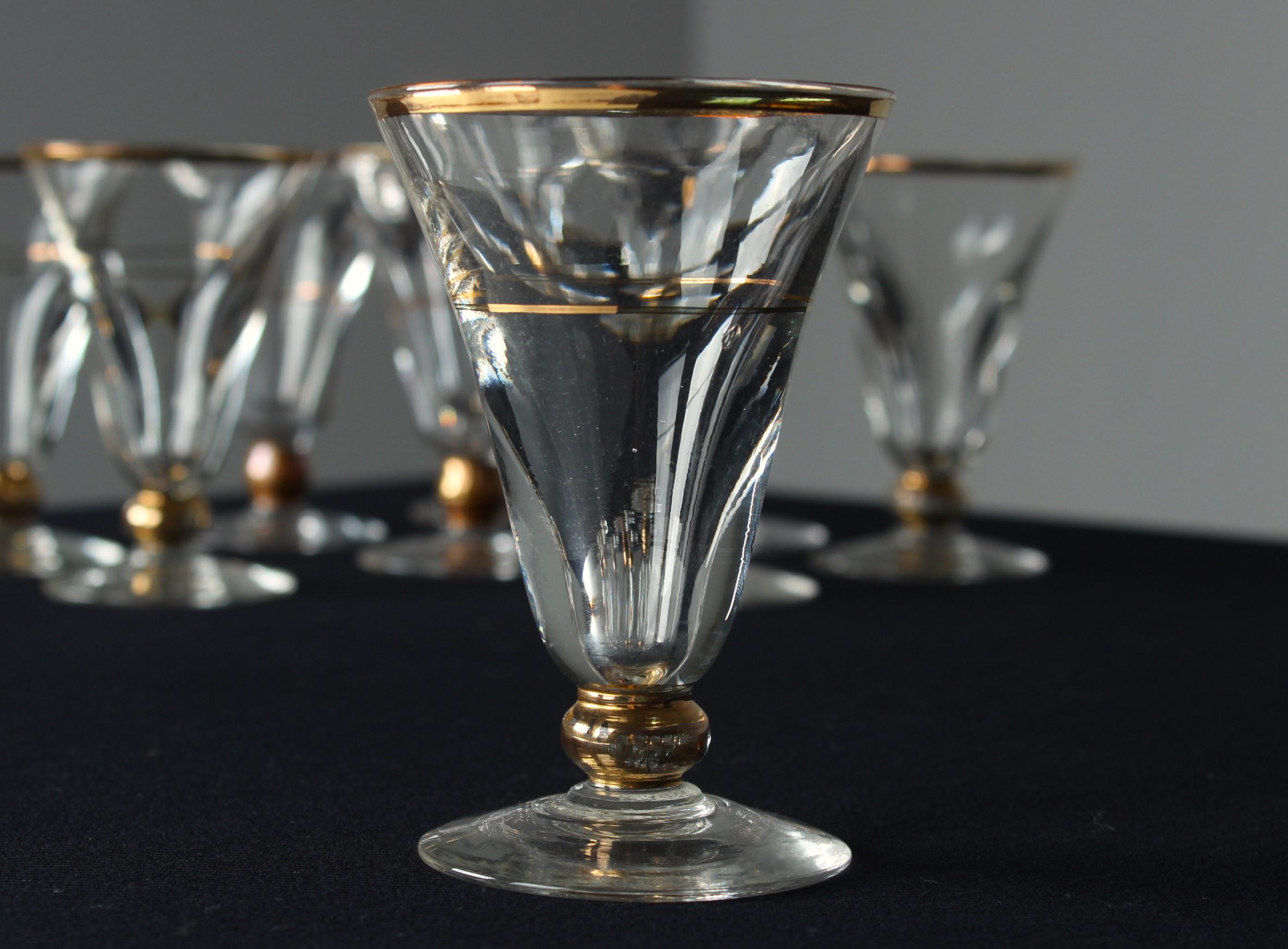 French 9 Art Nouveau Aperitif Glasses, 1900s, France, Crystal Glass With Gold Decor For Sale