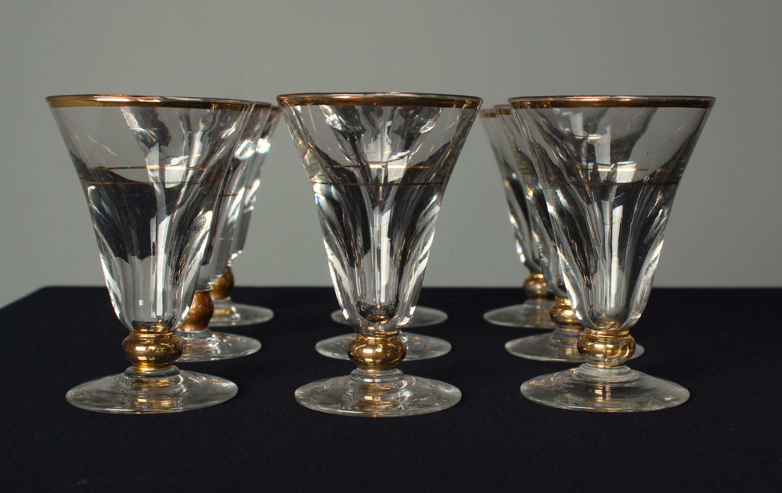 9 Art Nouveau Aperitif Glasses, 1900s, France, Crystal Glass With Gold Decor For Sale 1