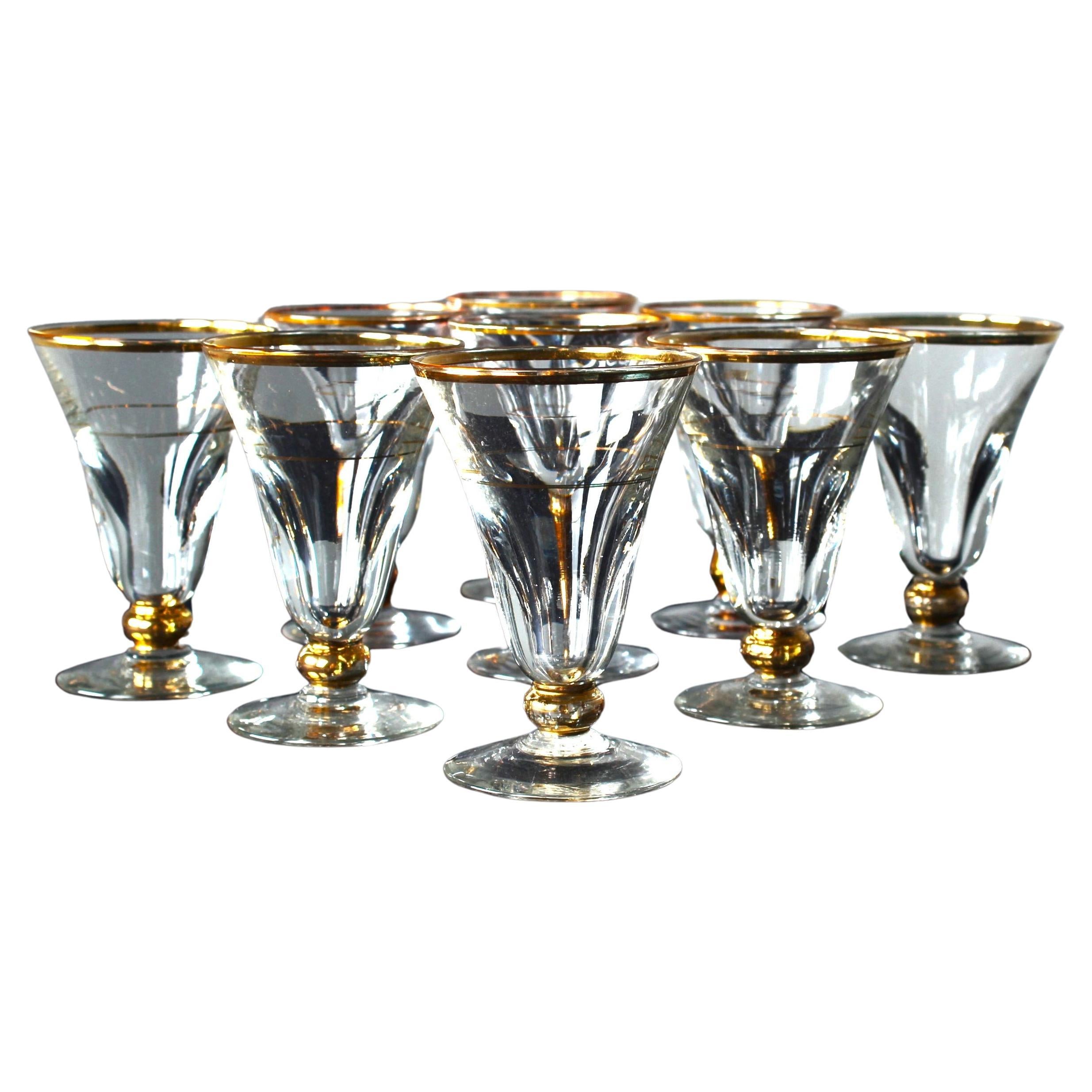 9 Art Nouveau Aperitif Glasses, 1900s, France, Crystal Glass With Gold Decor For Sale