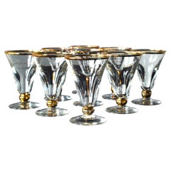 9 copas de aperitivo Art Nouveau, 1900, Francia, cristal con decoración dorada