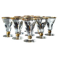 9 Art Nouveau Aperitif Glasses, 1900s, France, Crystal Glass With Gold Decor