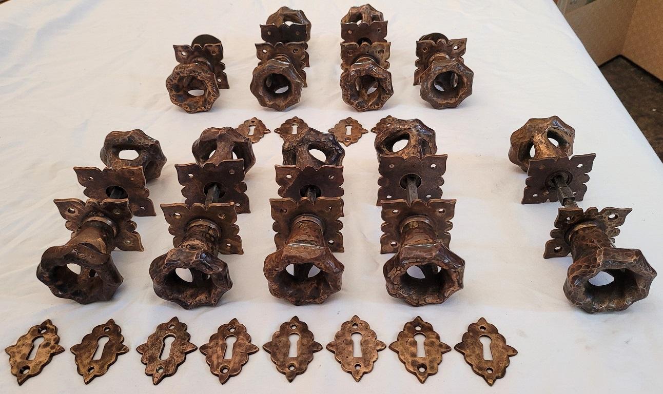 American Set of 9 Art Nouveau Hand Beaten Bronze Door Handles with Plates For Sale