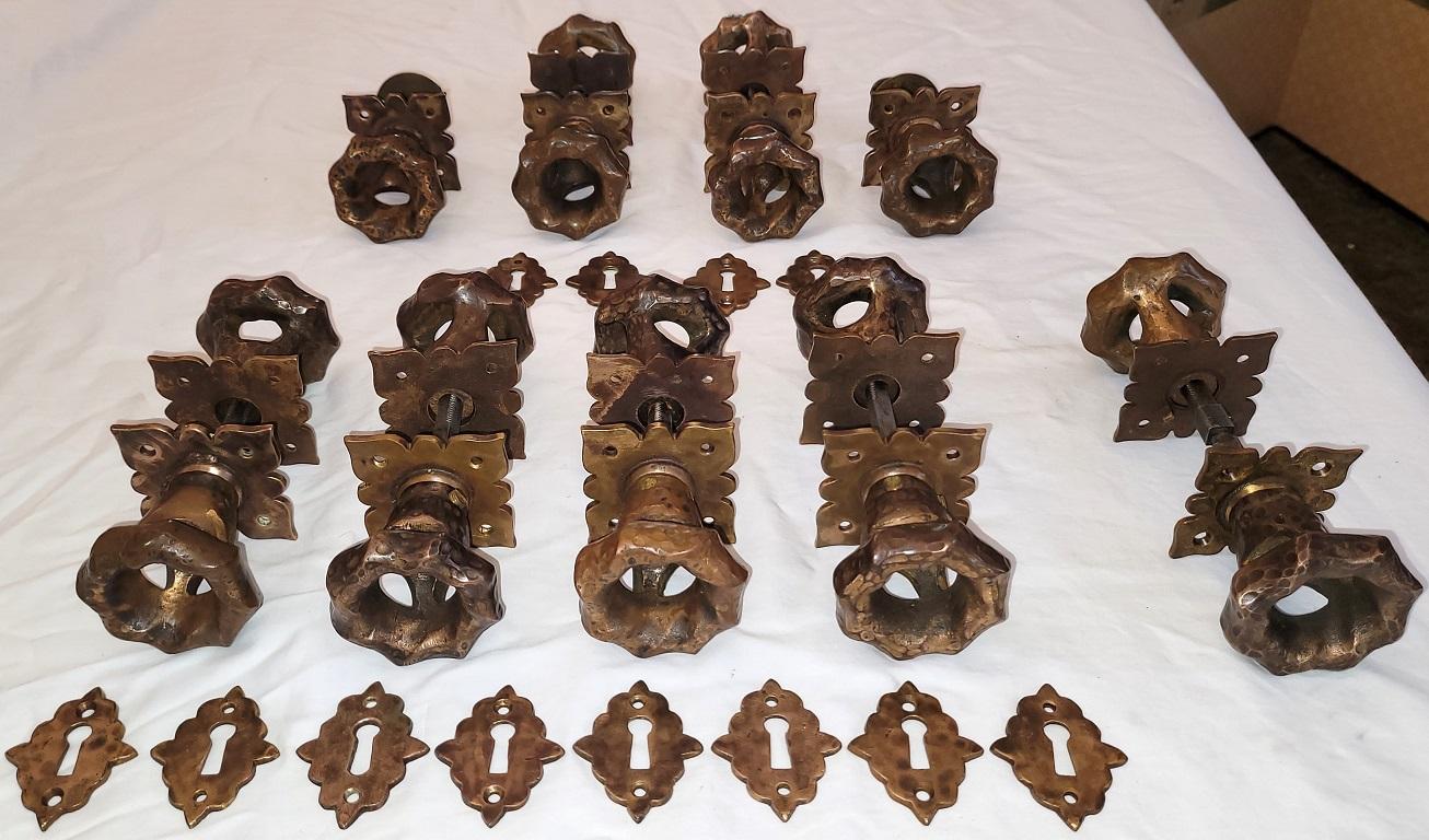 Hand-Crafted Set of 9 Art Nouveau Hand Beaten Bronze Door Handles with Plates For Sale