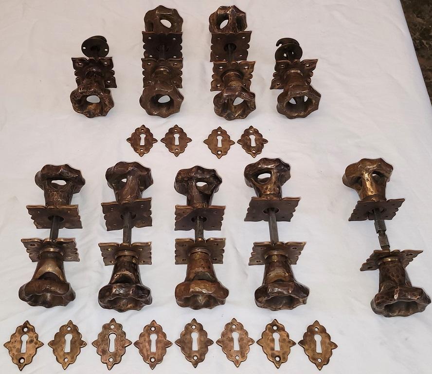 Set of 9 Art Nouveau Hand Beaten Bronze Door Handles with Plates In Good Condition For Sale In Dallas, TX